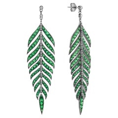 Green Emerald and Diamond Leaf Antique Style Dangle Earrings in 18K White Gold