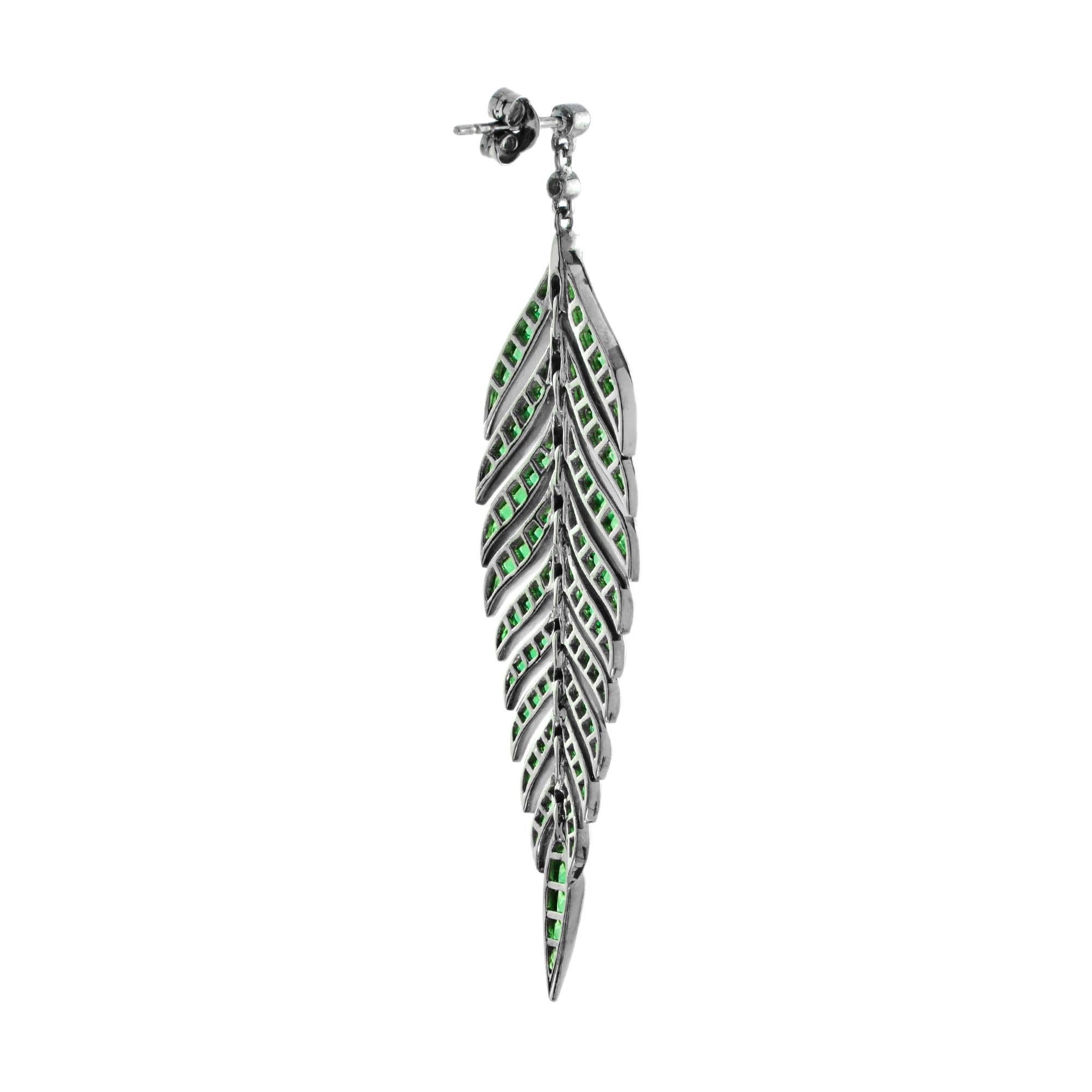 Round Cut Green Emerald and Diamond Leaf Vintage Style Drop Earrings in 18K White Gold For Sale