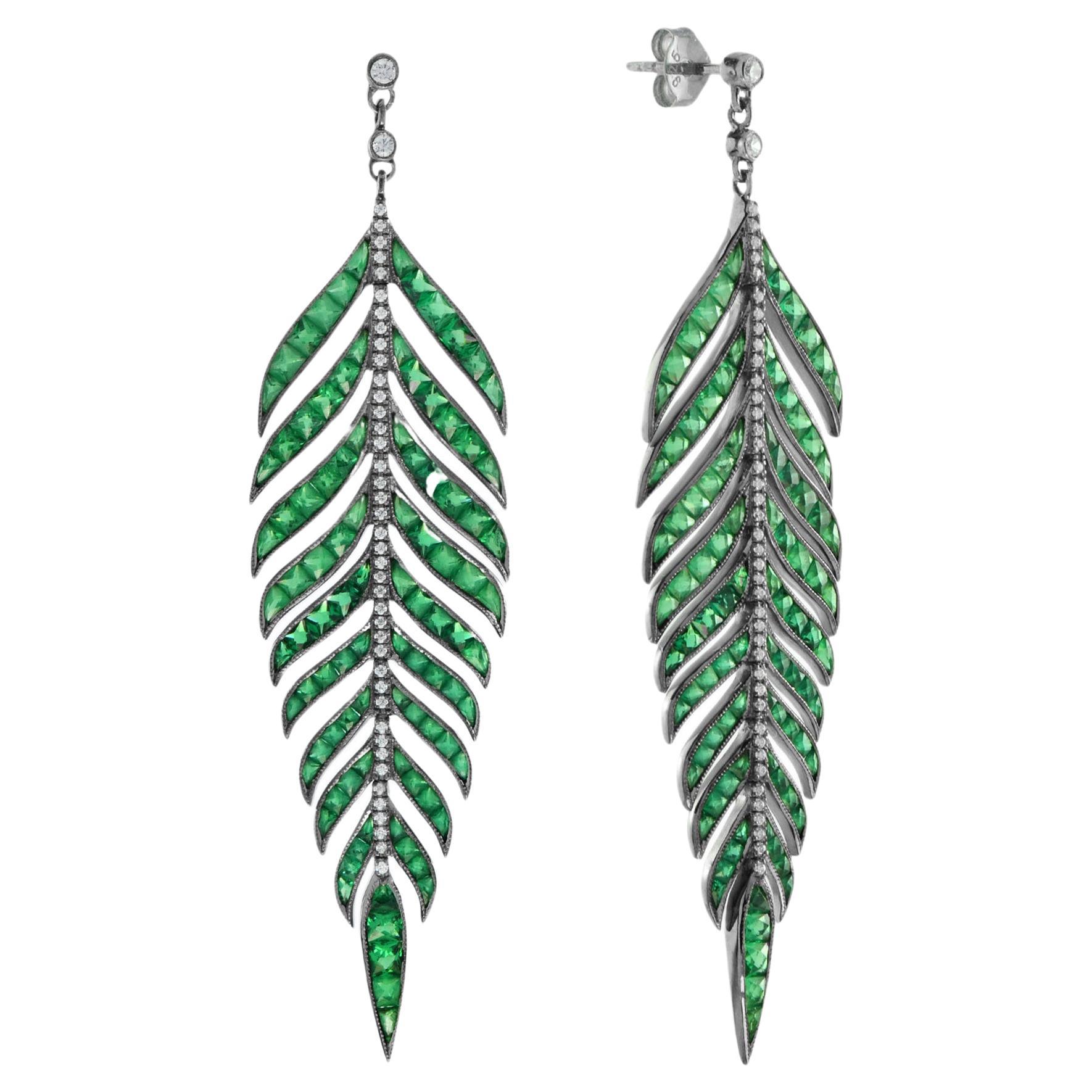Green Emerald and Diamond Leaf Vintage Style Drop Earrings in 18K White Gold For Sale