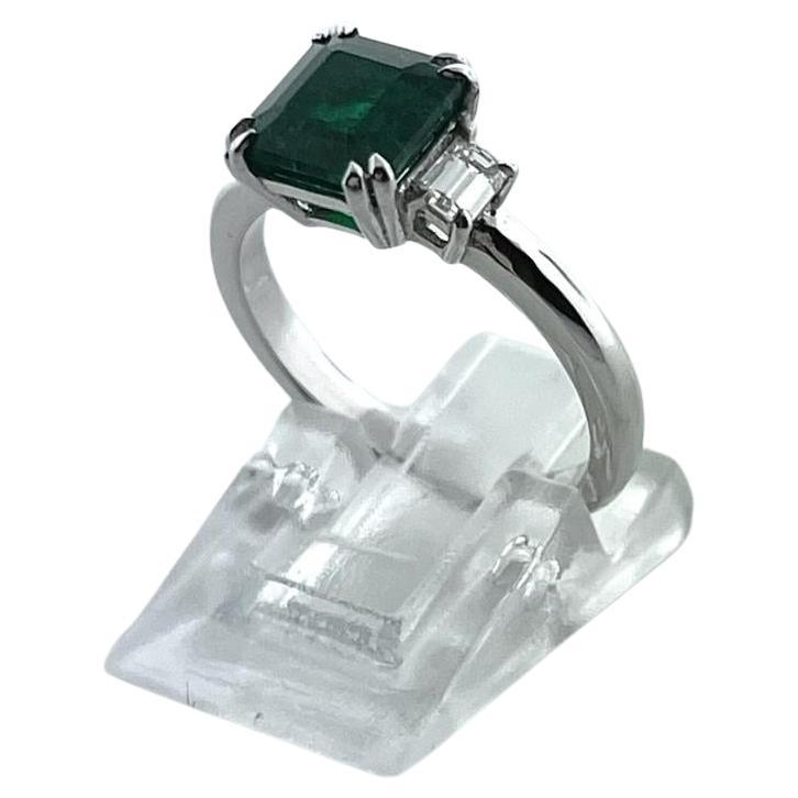 Cushion Cut Green Emerald and Diamond Ring For Sale