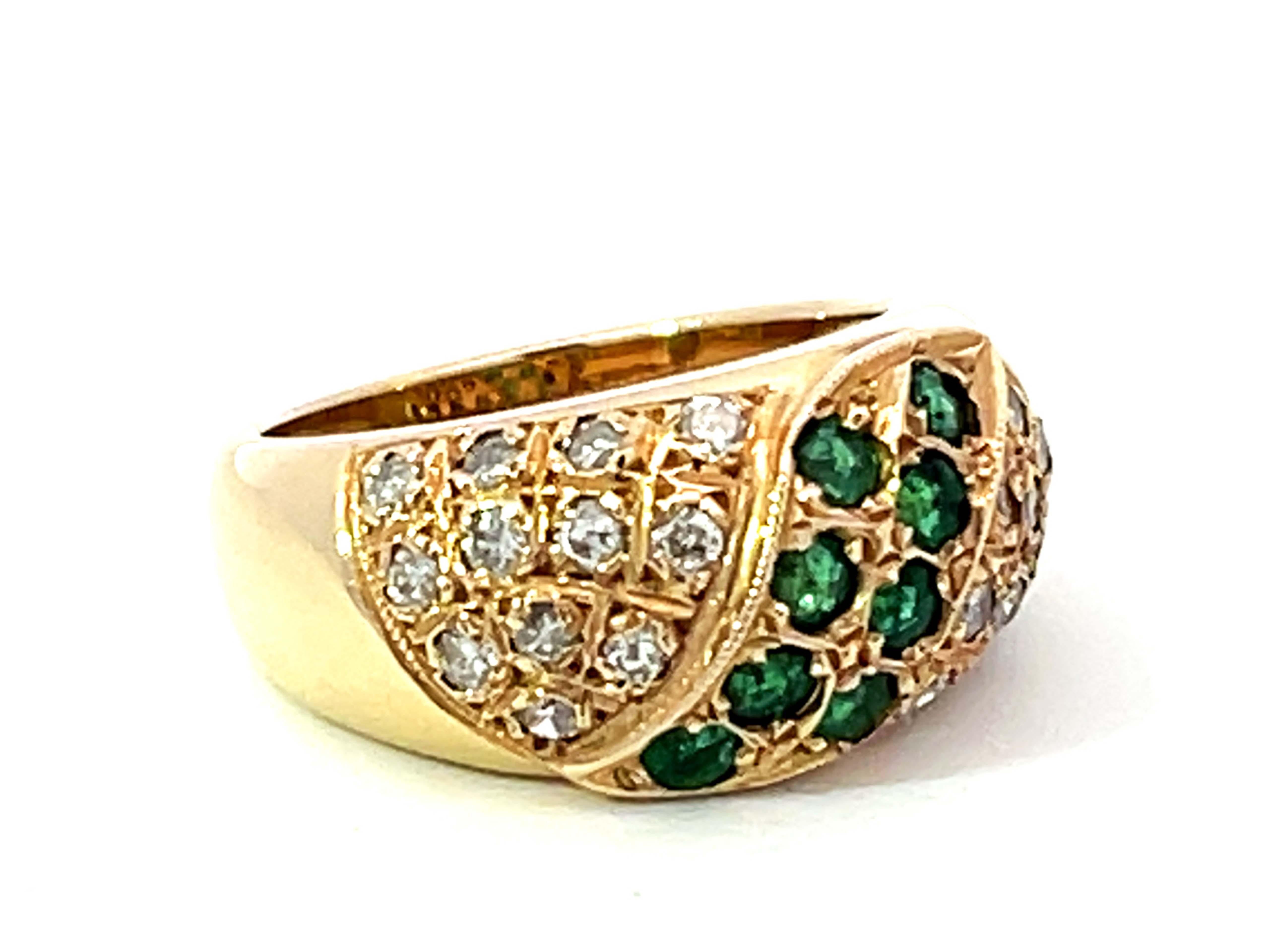 Modern Green Emerald and Diamond Studded Dome Ring in 14k Yellow Gold For Sale