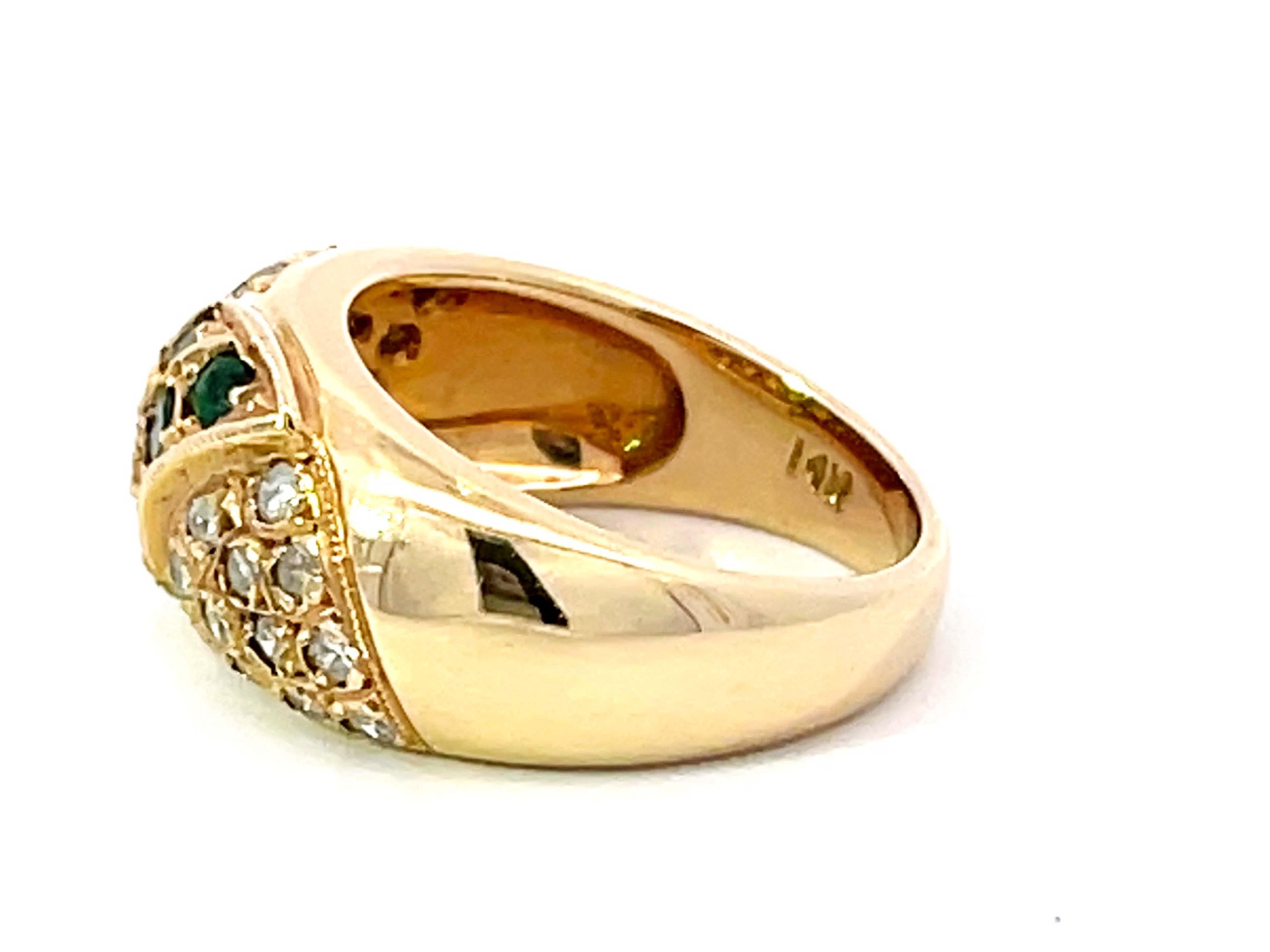 Women's or Men's Green Emerald and Diamond Studded Dome Ring in 14k Yellow Gold For Sale