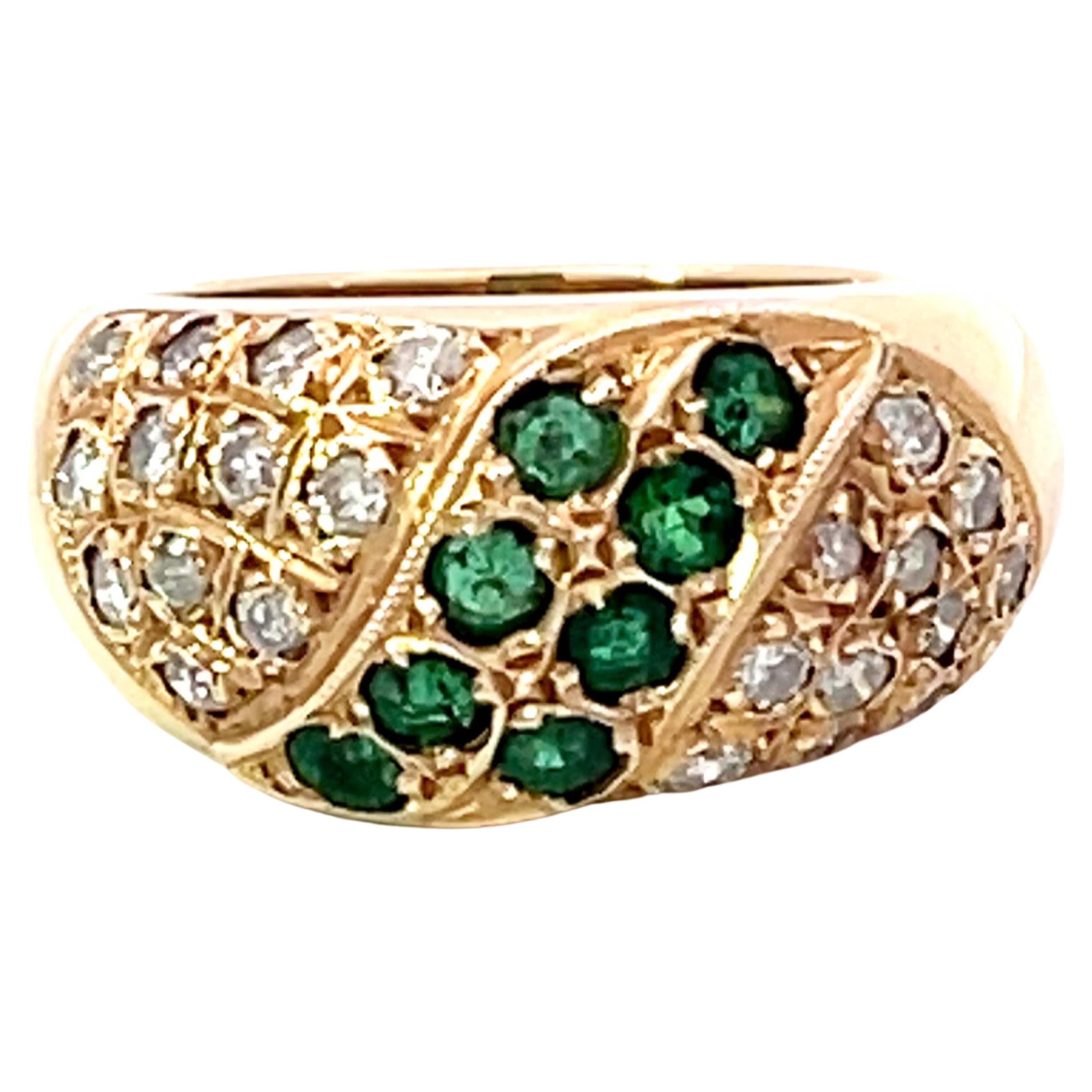 Green Emerald and Diamond Studded Dome Ring in 14k Yellow Gold For Sale