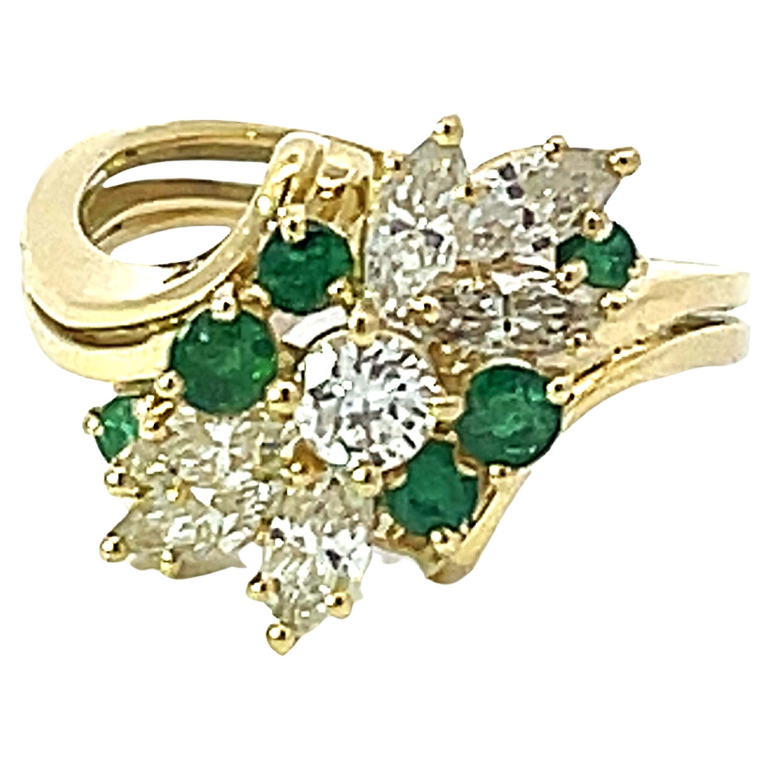 Green Emerald and Diamond Waterfall Ring in 18k Yellow Gold For Sale