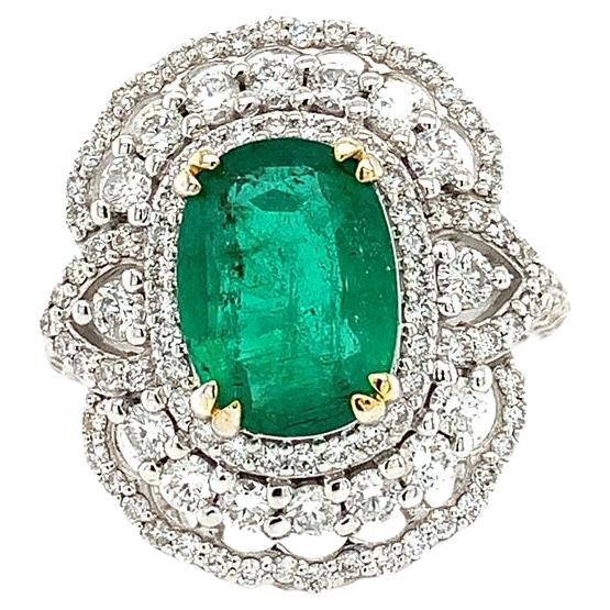 Green emerald and diamonds cocktail ring 18k white gold