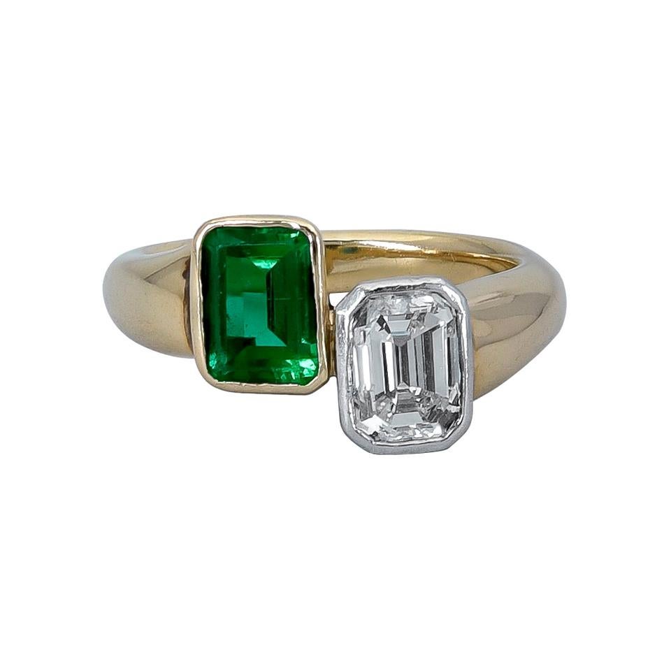 Green Emerald and Emerald Cut Diamond Bypass Ring