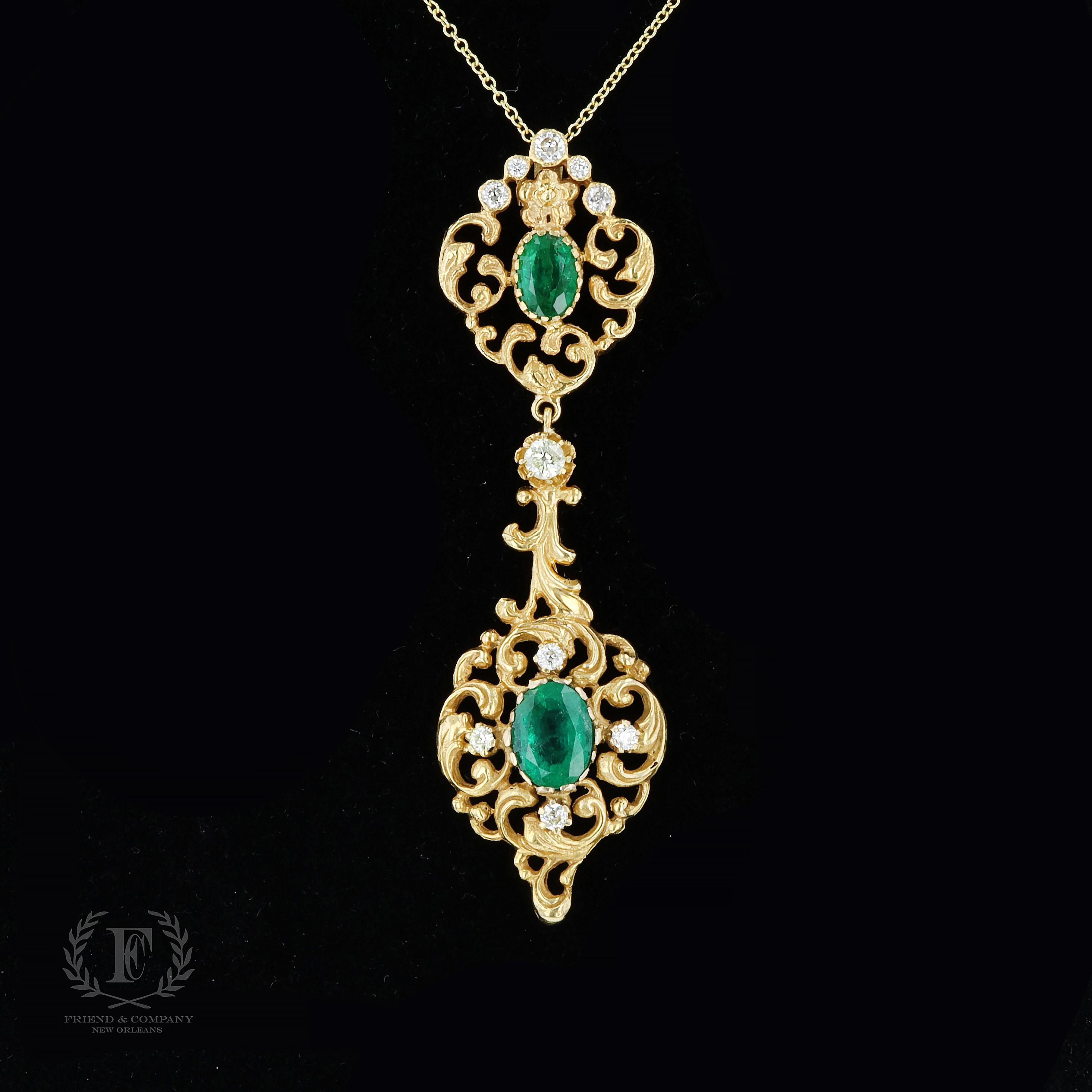 Romantic Green Emerald and Old Mine Diamond Pendant Necklace For Sale