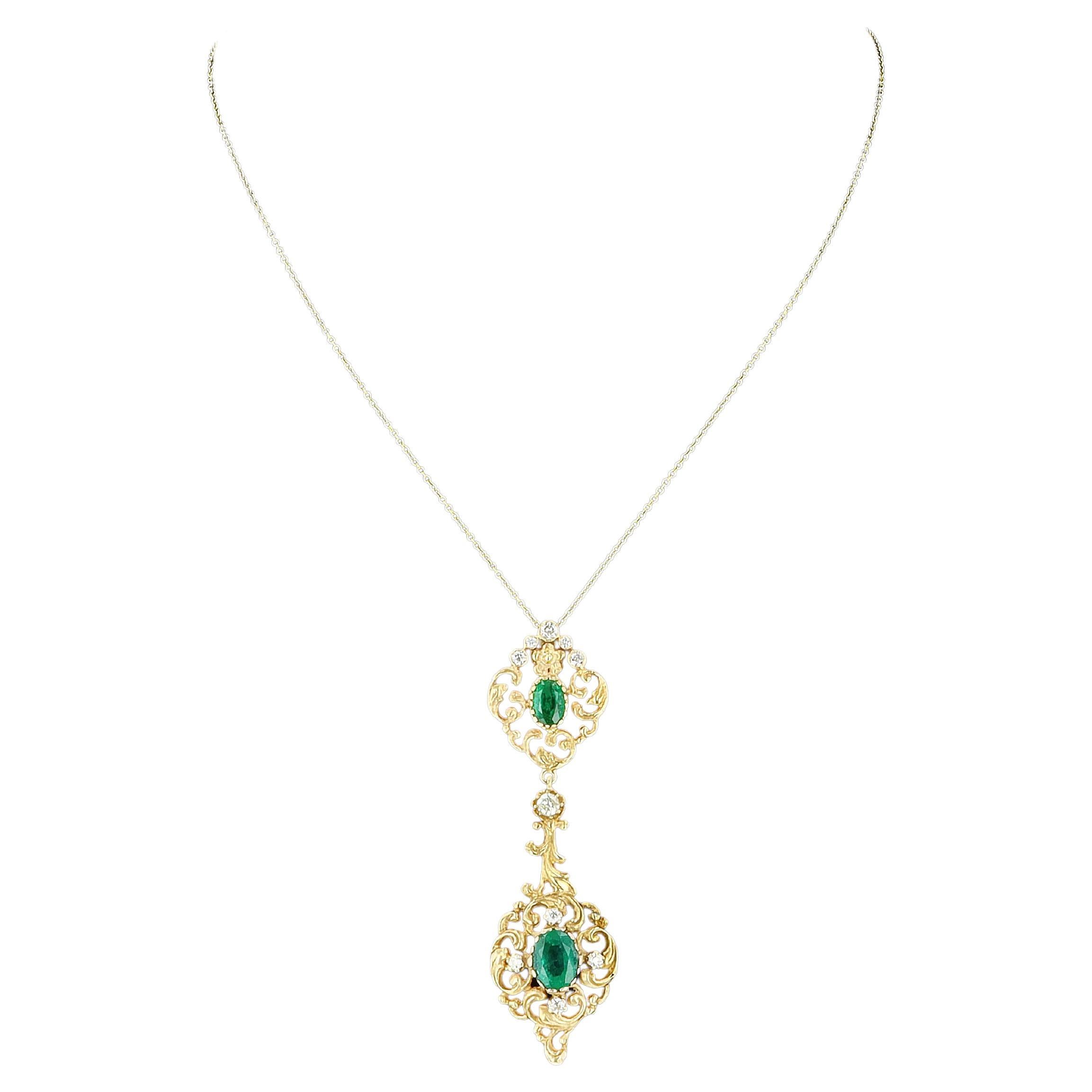 Green Emerald and Old Mine Diamond Pendant Necklace For Sale