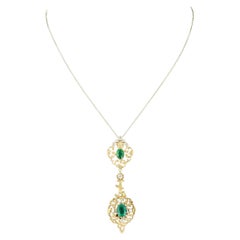 Green Emerald and Old Mine Diamond Pendant Necklace