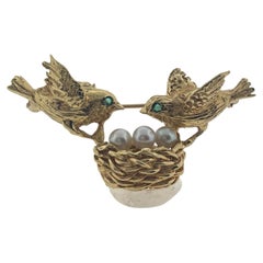 Green Emerald and Pearl Bird Brooch