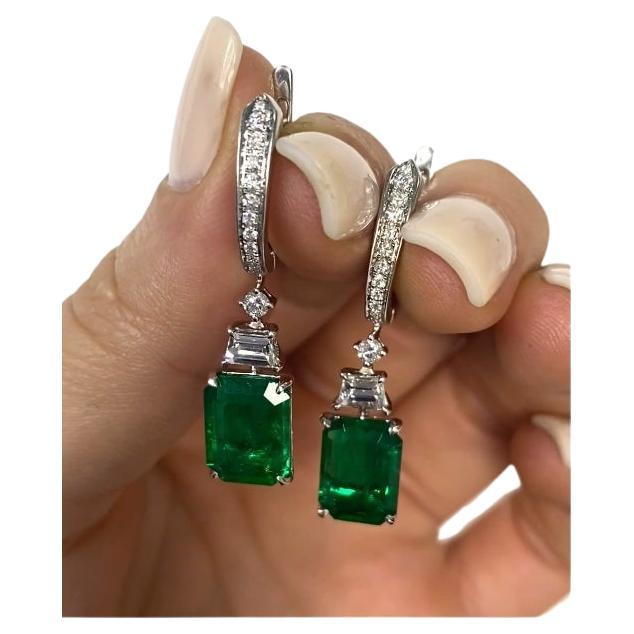 Emerald Cut Green Emerald and White Diamond Drop and Dangle Earrings in 18K White Gold