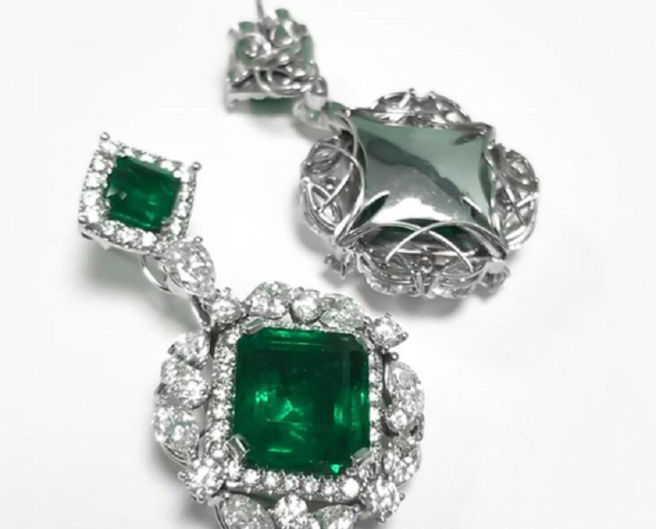 Octagon Cut Green Emerald and White Diamond Drop and Dangle Earrings in 18K White Gold