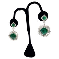Green Emerald and White Diamond Drop and Dangle Earrings in 18K White Gold