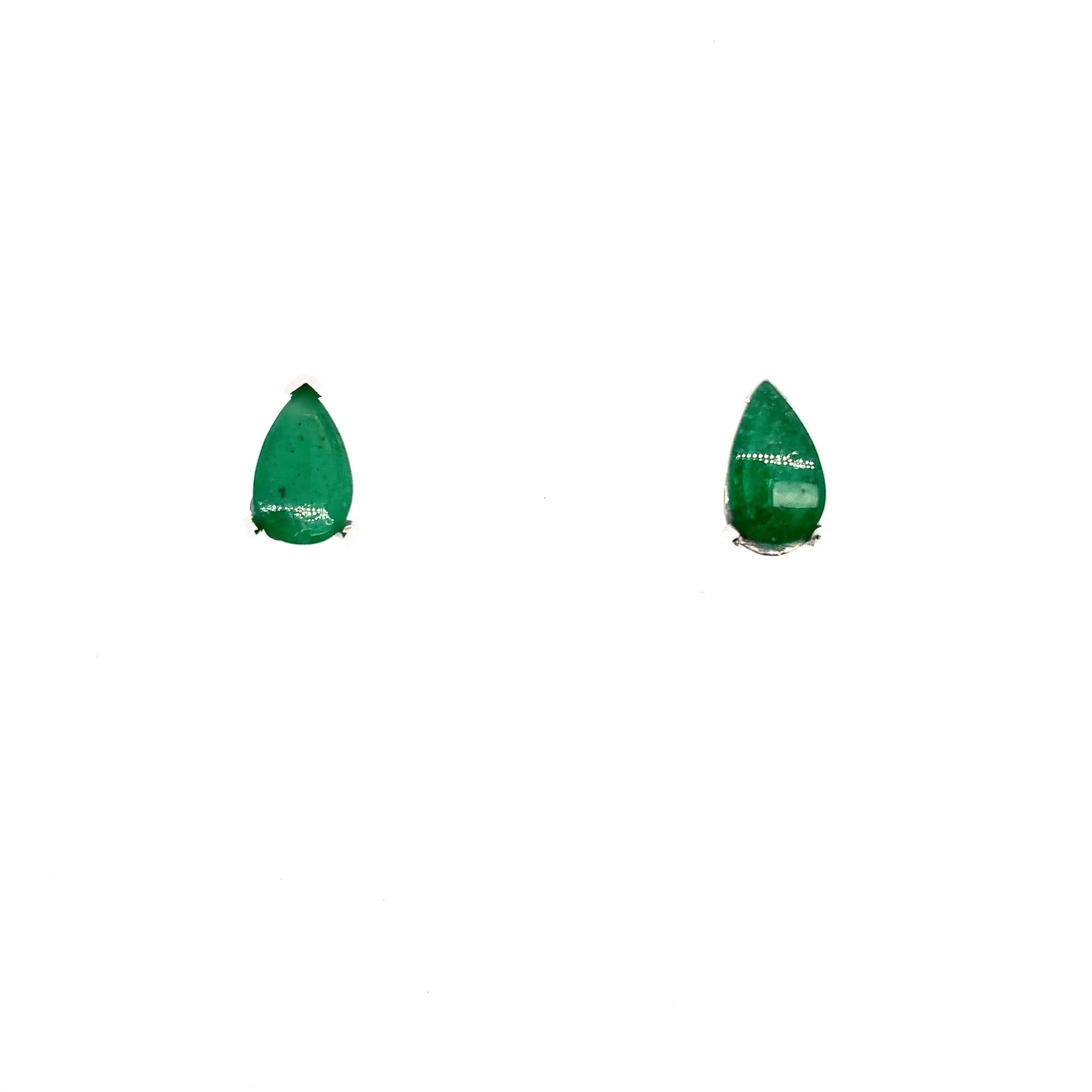 Pear Cut Green emerald art deco stud earrings 18k white gold For Sale