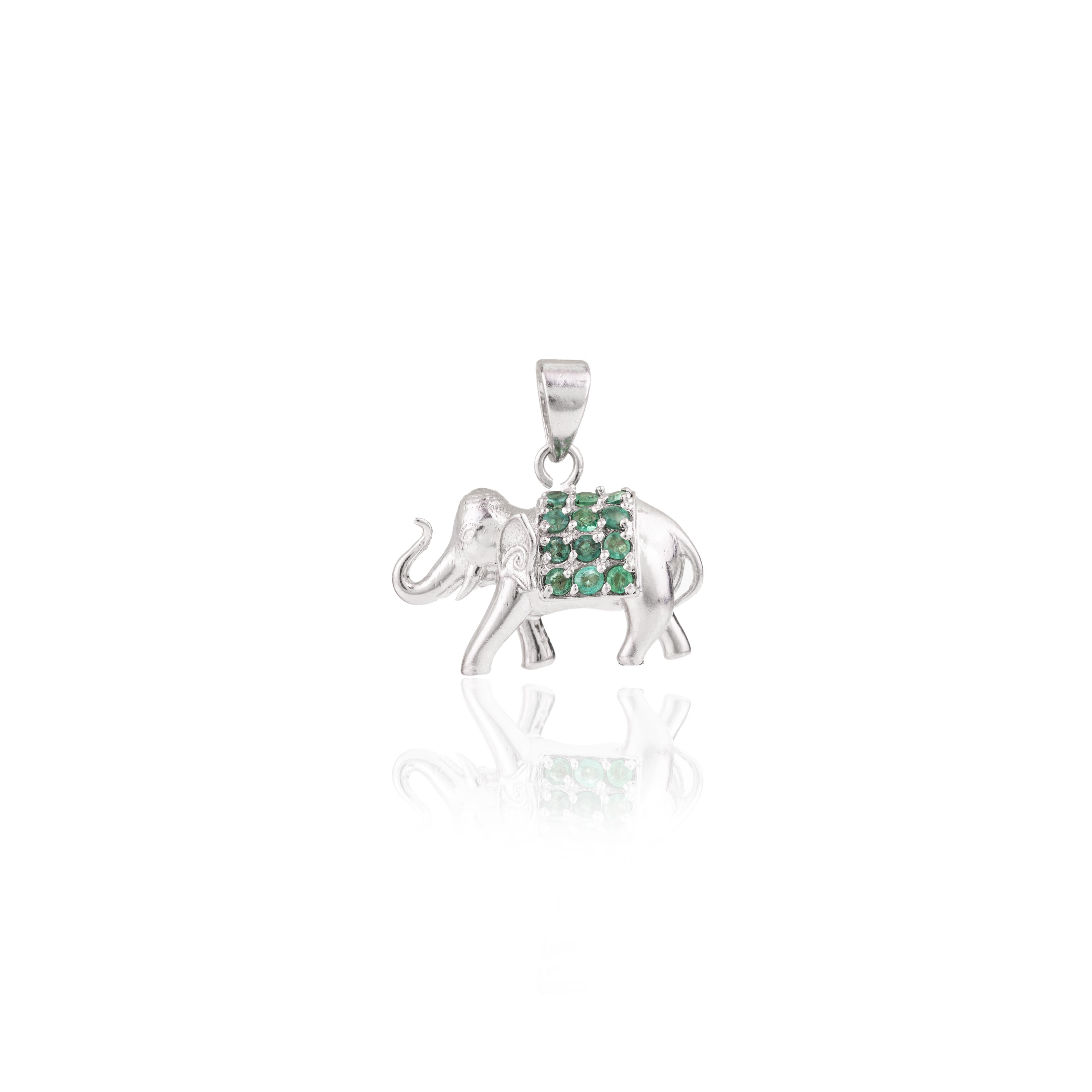 Contemporary Green Emerald Birthstone Elephant Pendant in .925 Sterling Silver For Sale