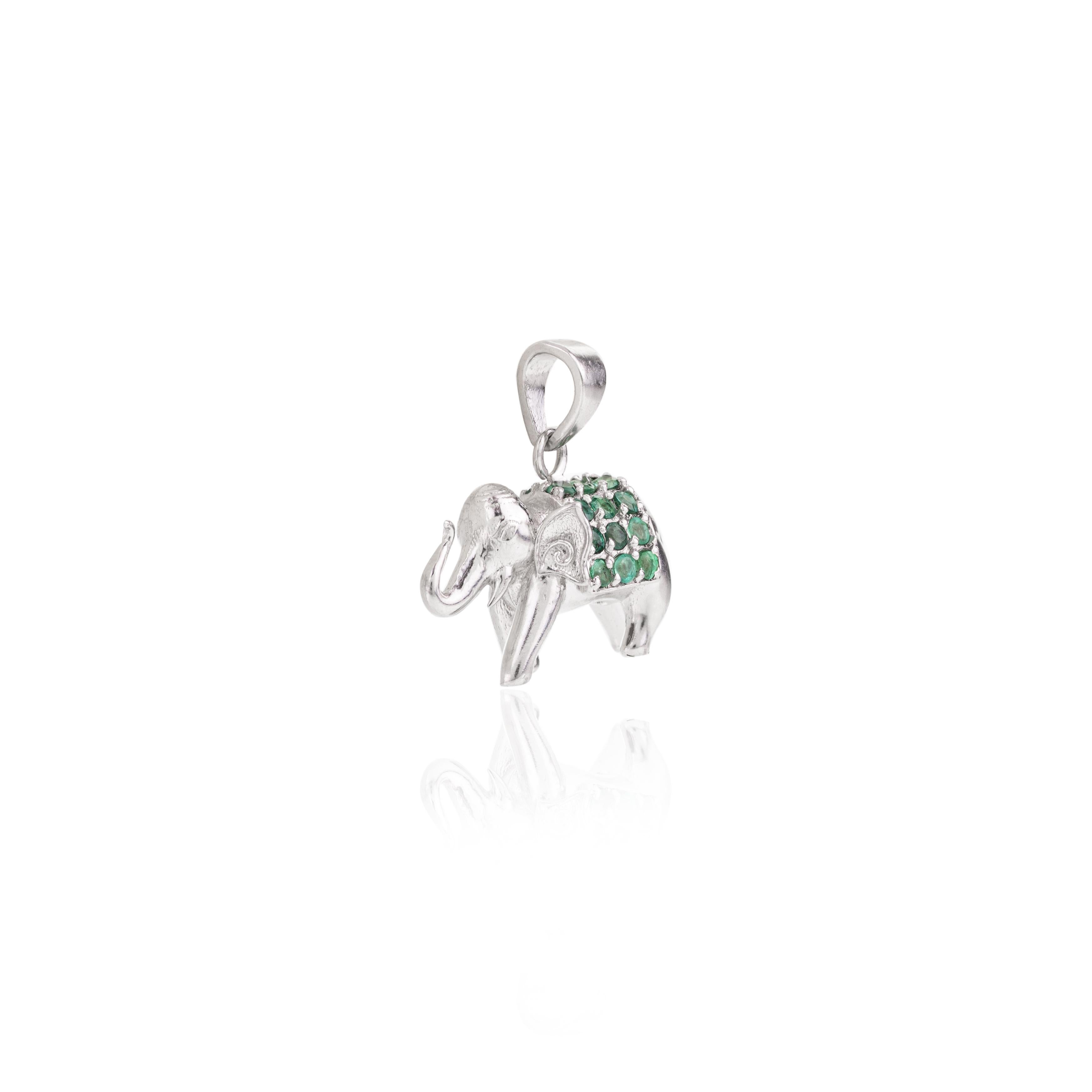Round Cut Green Emerald Birthstone Elephant Pendant in .925 Sterling Silver For Sale