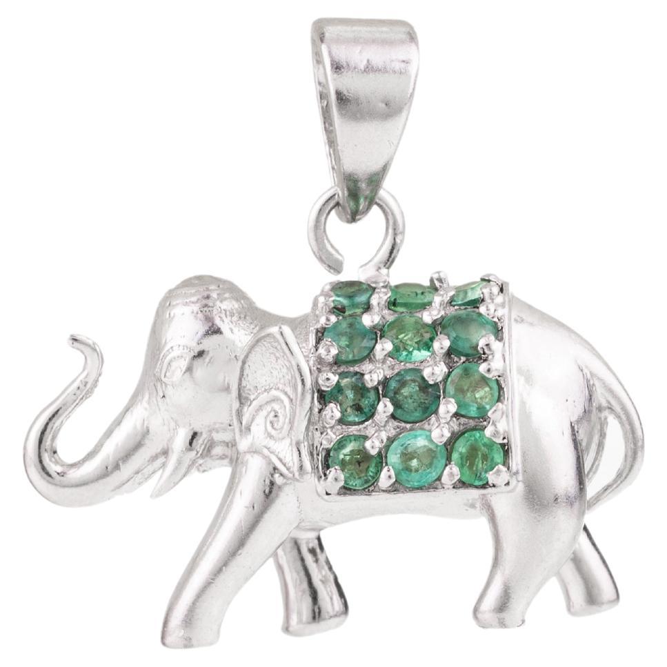 Green Emerald Birthstone Elephant Pendant in .925 Sterling Silver For Sale