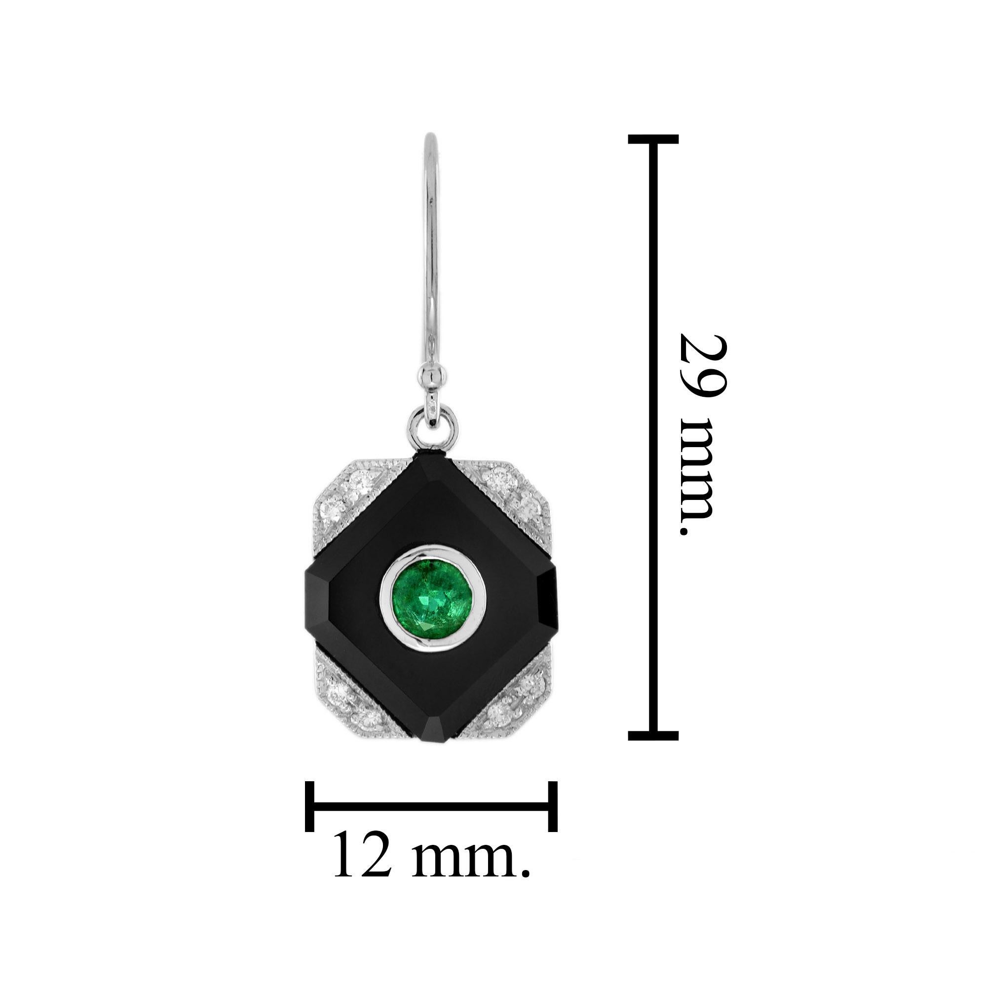 Art Deco style emerald, onyx, and diamond dangle earrings, centrally set with a round emerald with in an octagon shaped black onyx frame, surrounded by eight grain set diamonds totaling 0.07 carat each side. A fine piece jewelry you will cherish in