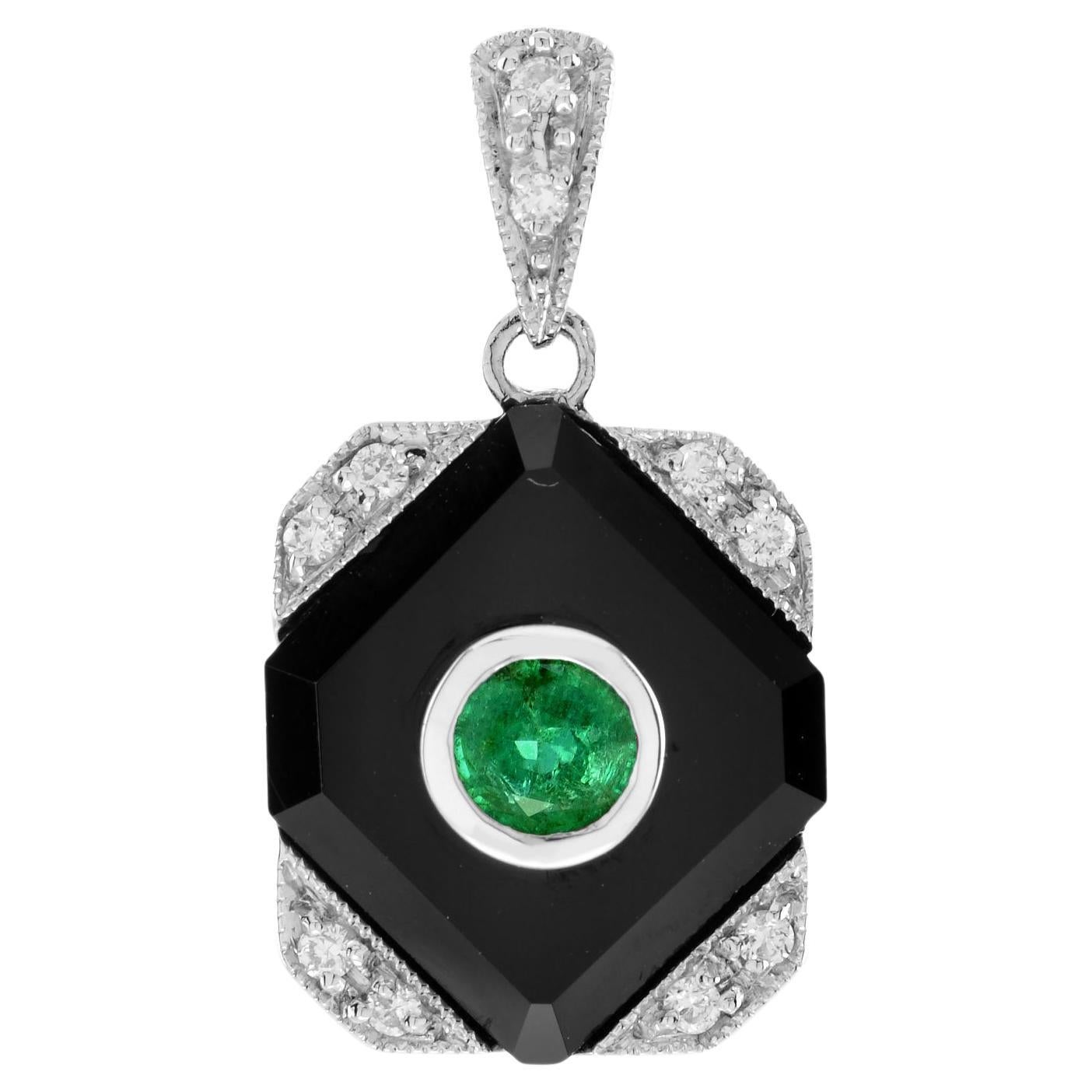 Green Emerald Black Onyx Diamond Art Deco Style Square Shape White Gold Pendant