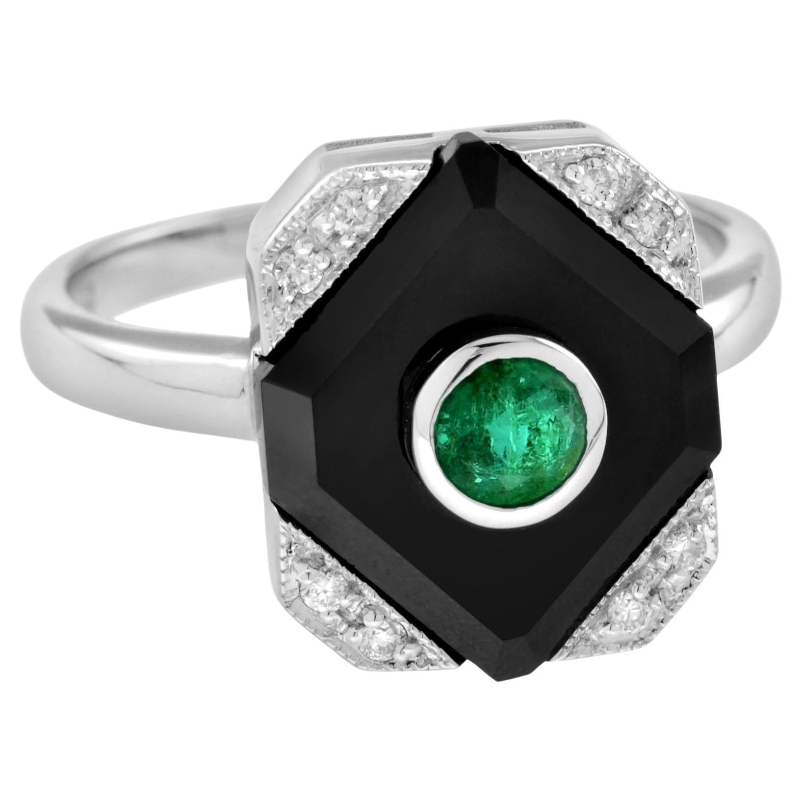 Green Emerald Black Onyx Diamond Art Deco Style Square Shape White Gold Ring