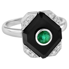 Green Emerald Black Onyx Diamond Art Deco Style Square Shape White Gold Ring