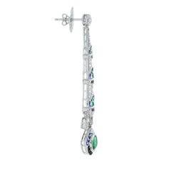 Green Emerald & Blue Sapphire and Diamond Vintage Art Deco Style Drop Earrings