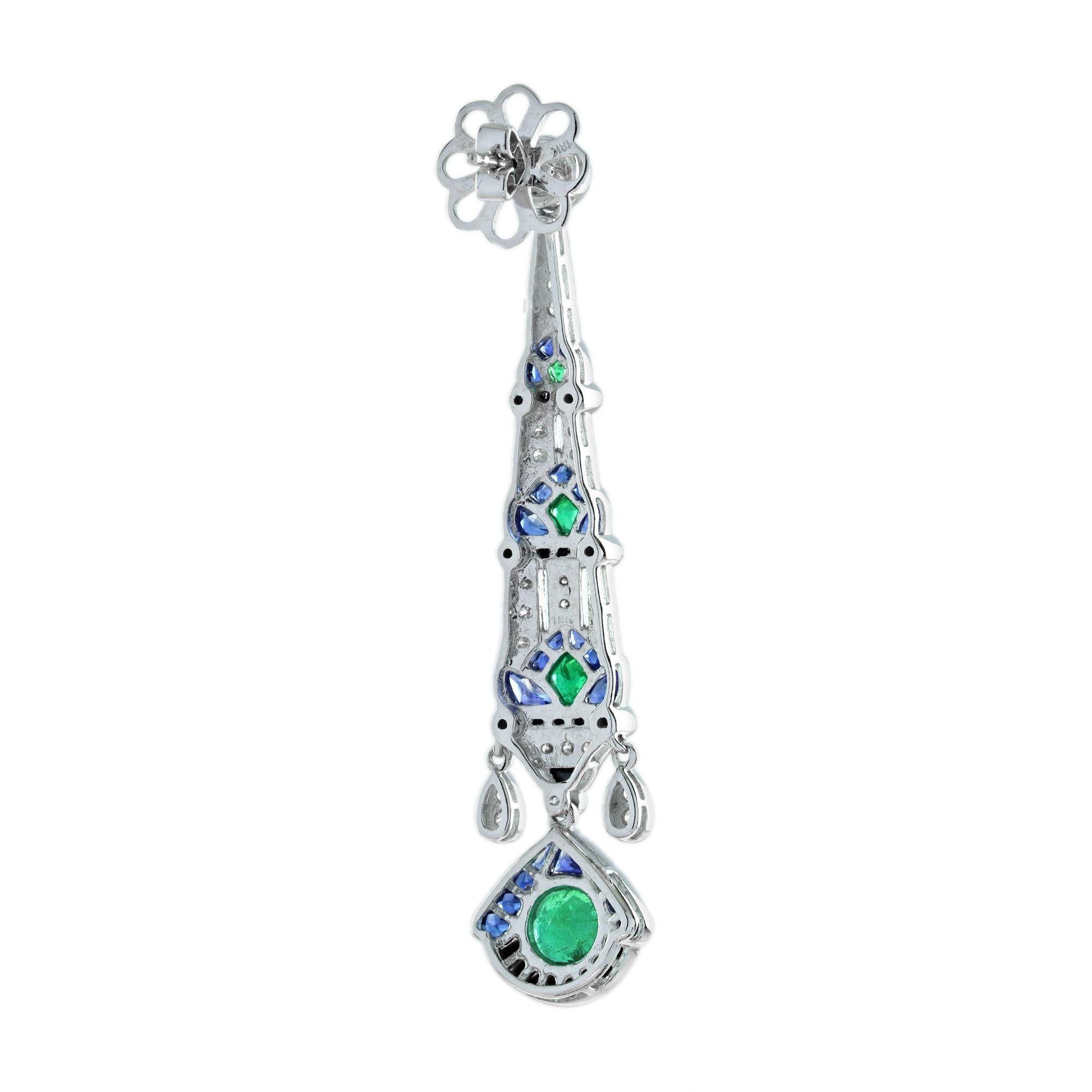 Grüne Smaragd & Blauer Saphir und Diamant Vintage Art Deco Stil Tropfen Ohrringe (Art déco) im Angebot