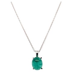 Green emerald cabochon pendant necklace 18k white gold