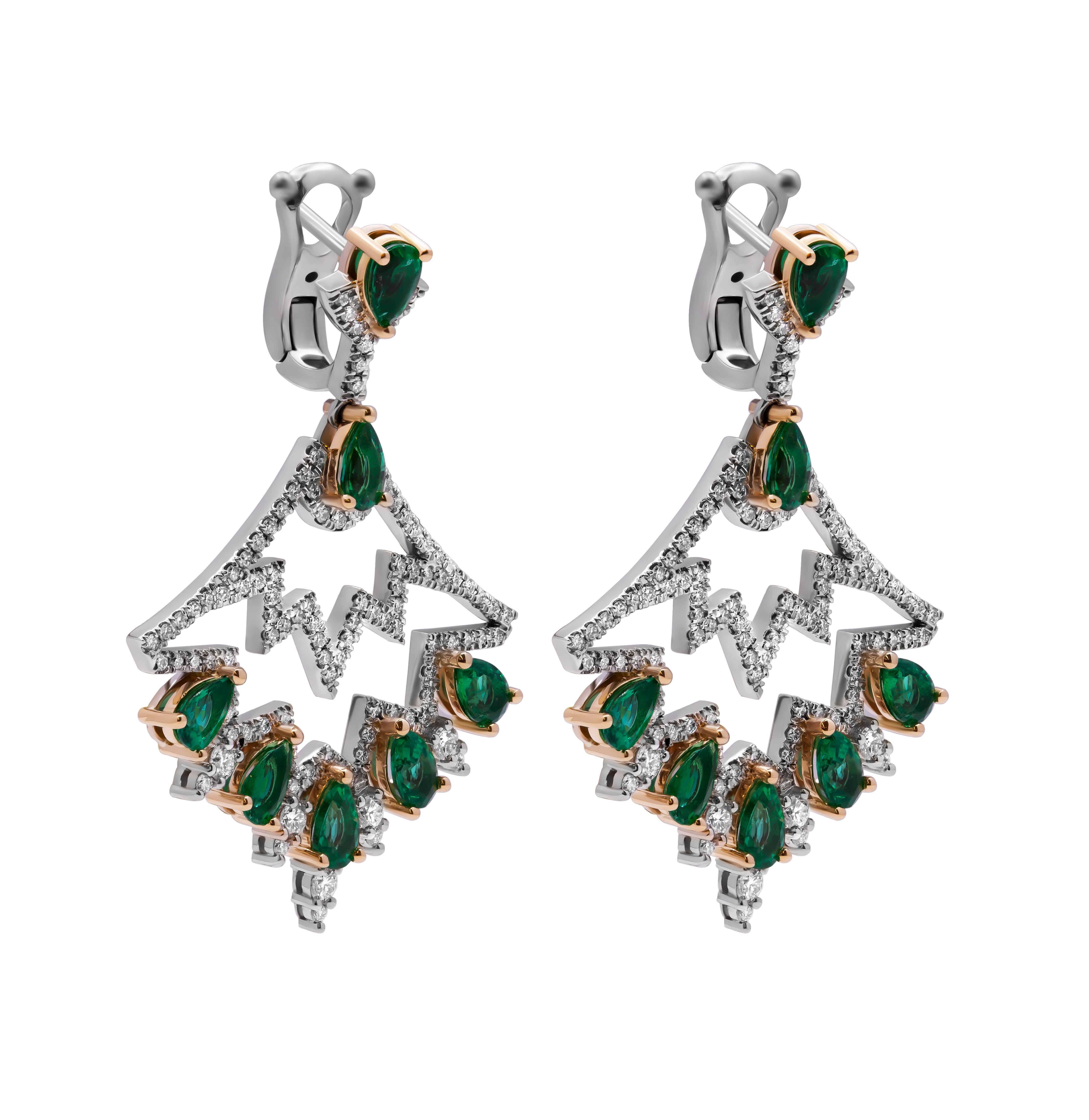 Modern Green Emerald Chandelier Diamond Earrings For Sale