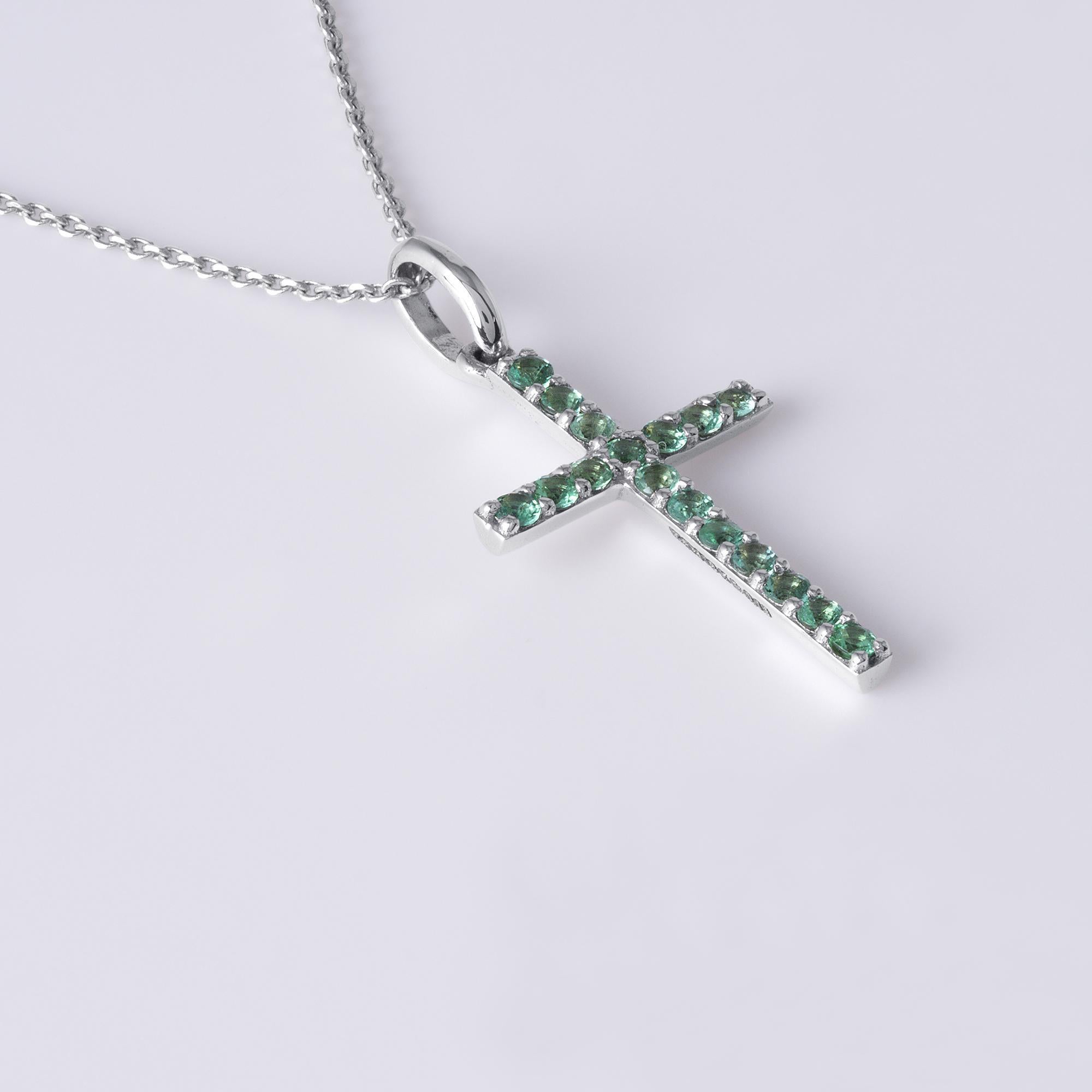 Modern Green Emerald Cross 18K White Gold For Sale