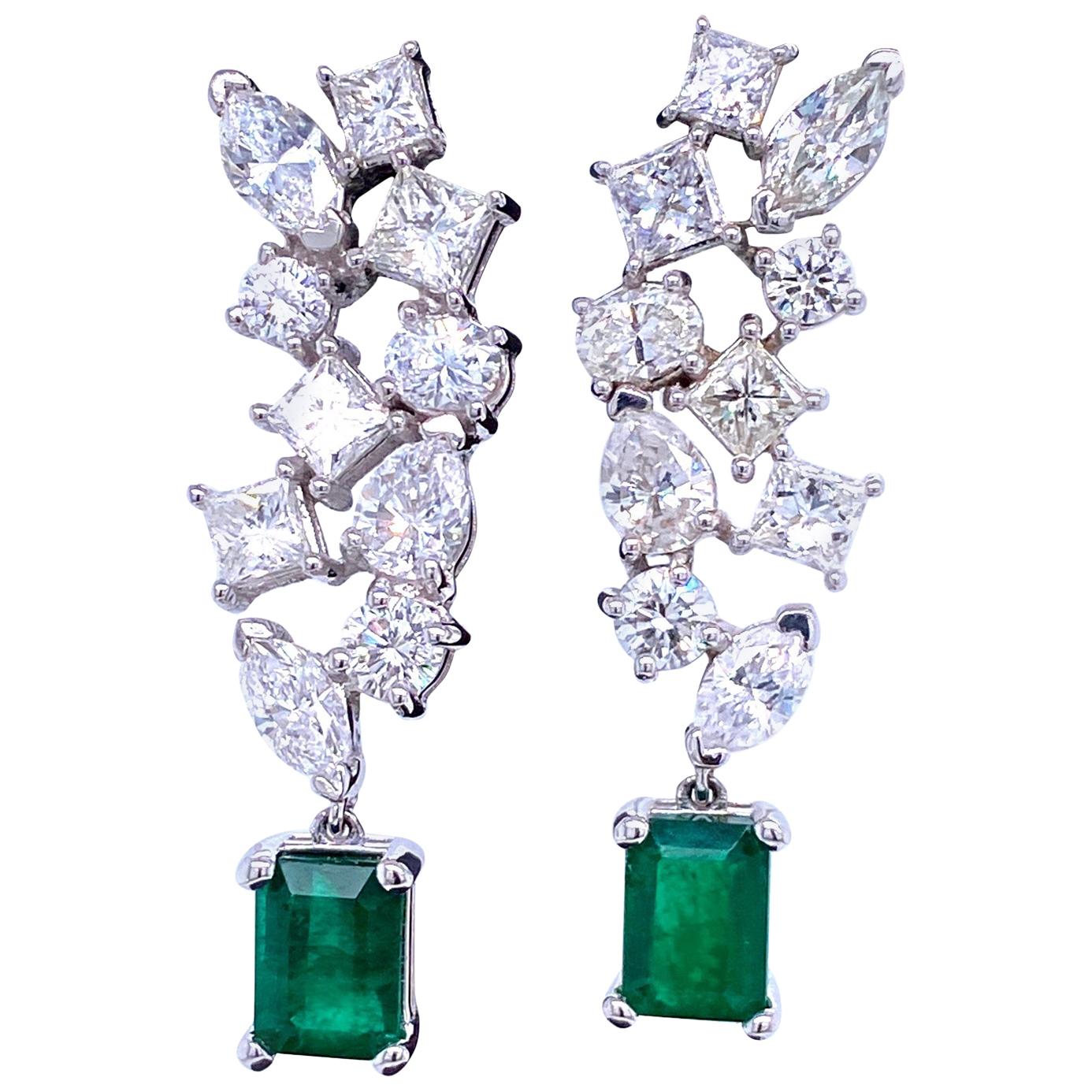 Green Emerald Cut Diamond Cluster Drop Earrings 9.74 Carat 18 Karat White Gold