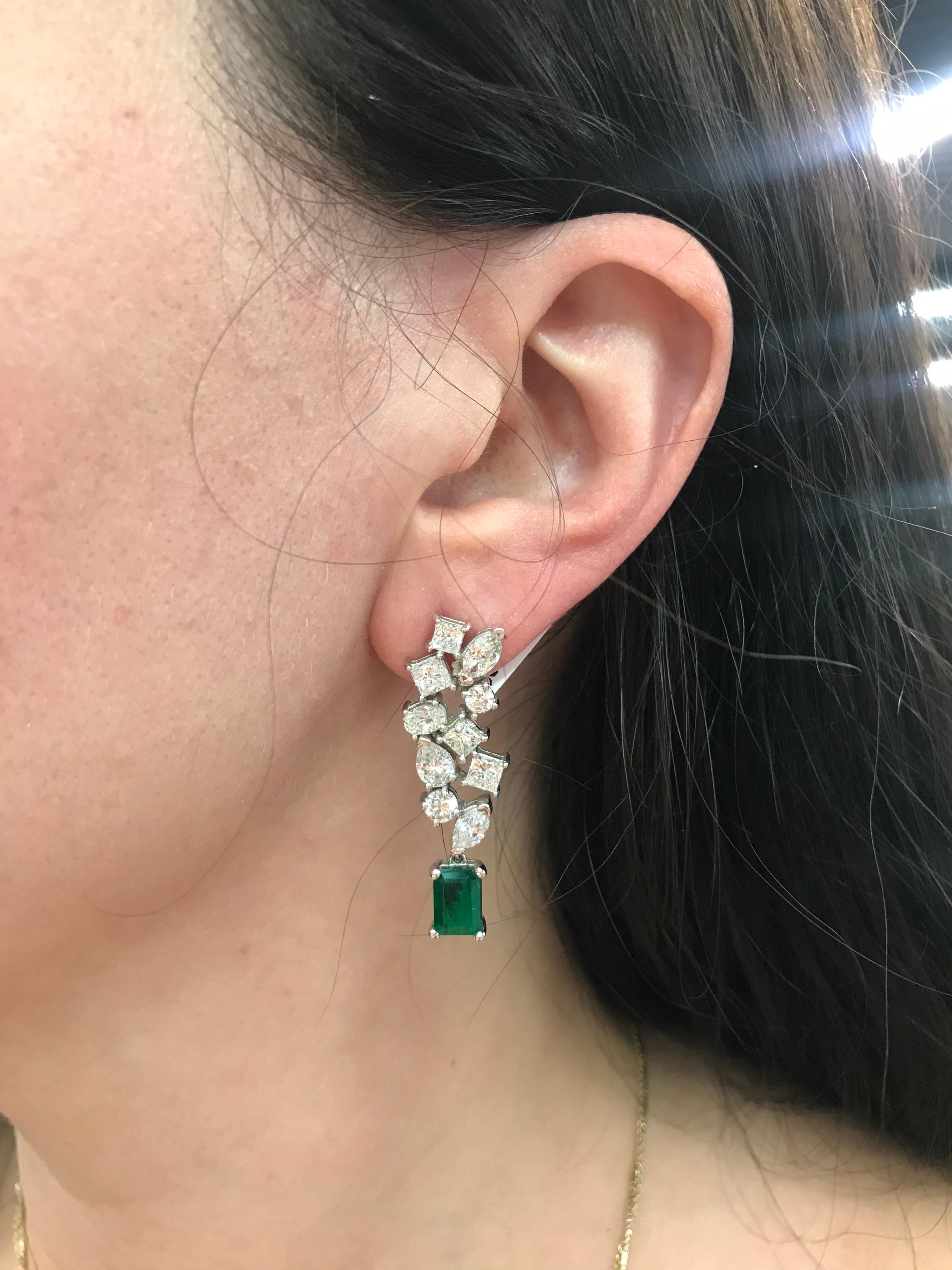 Green Emerald Cut Diamond Cluster Drop Earrings 9.74 Carat 18 Karat White Gold 6
