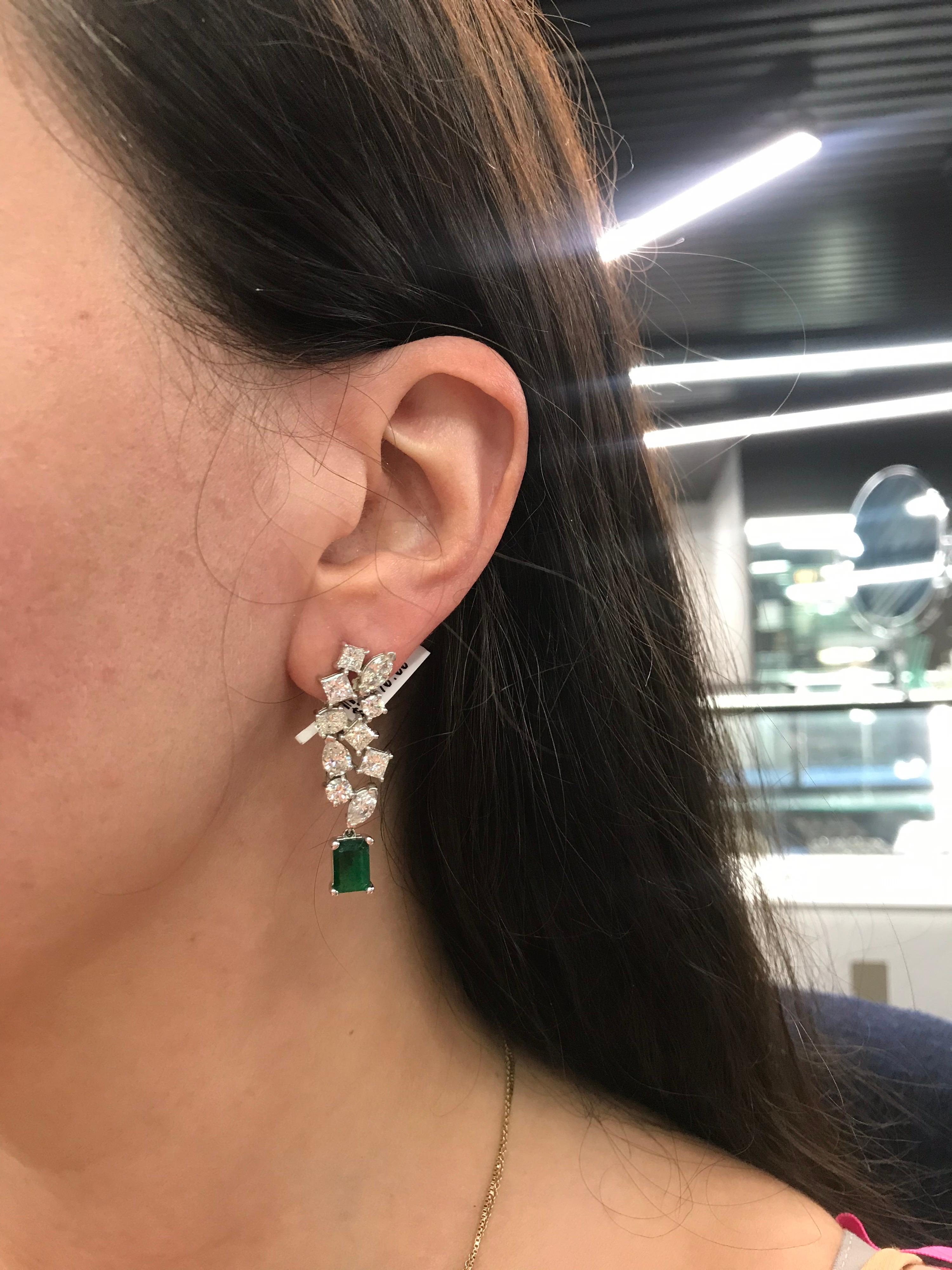 Green Emerald Cut Diamond Cluster Drop Earrings 9.74 Carat 18 Karat White Gold 8