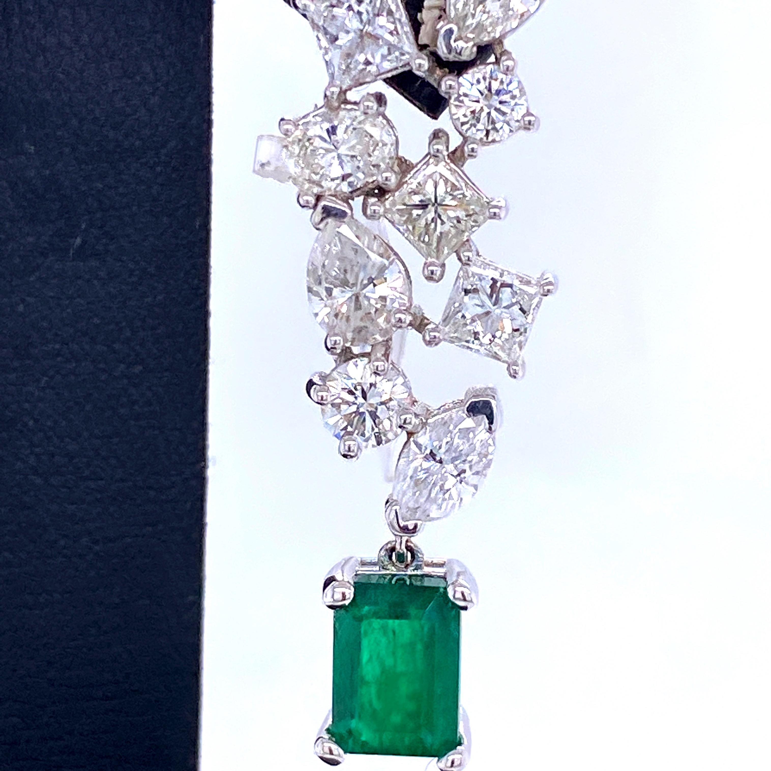 Contemporary Green Emerald Cut Diamond Cluster Drop Earrings 9.74 Carat 18 Karat White Gold