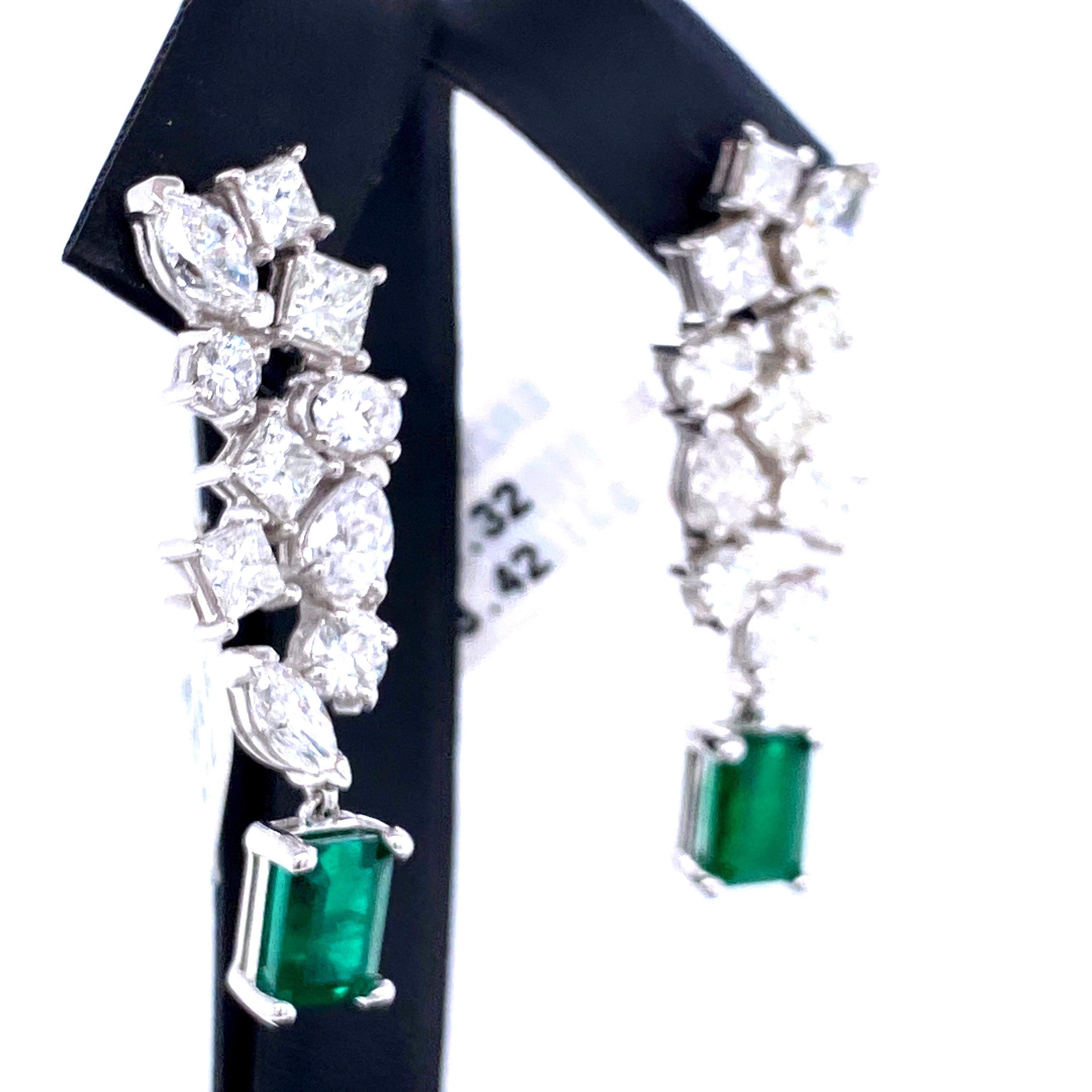 Green Emerald Cut Diamond Cluster Drop Earrings 9.74 Carat 18 Karat White Gold In New Condition In New York, NY
