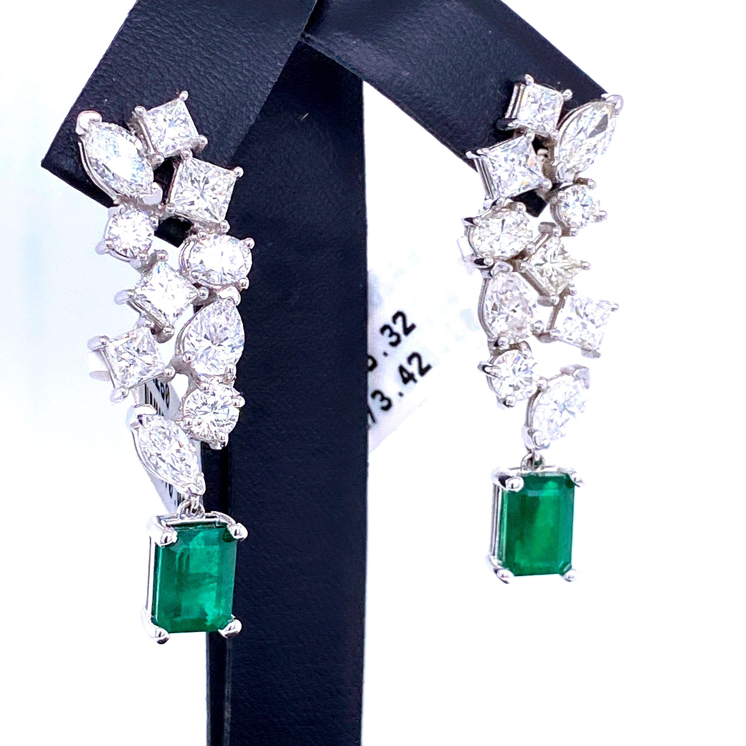 Women's Green Emerald Cut Diamond Cluster Drop Earrings 9.74 Carat 18 Karat White Gold