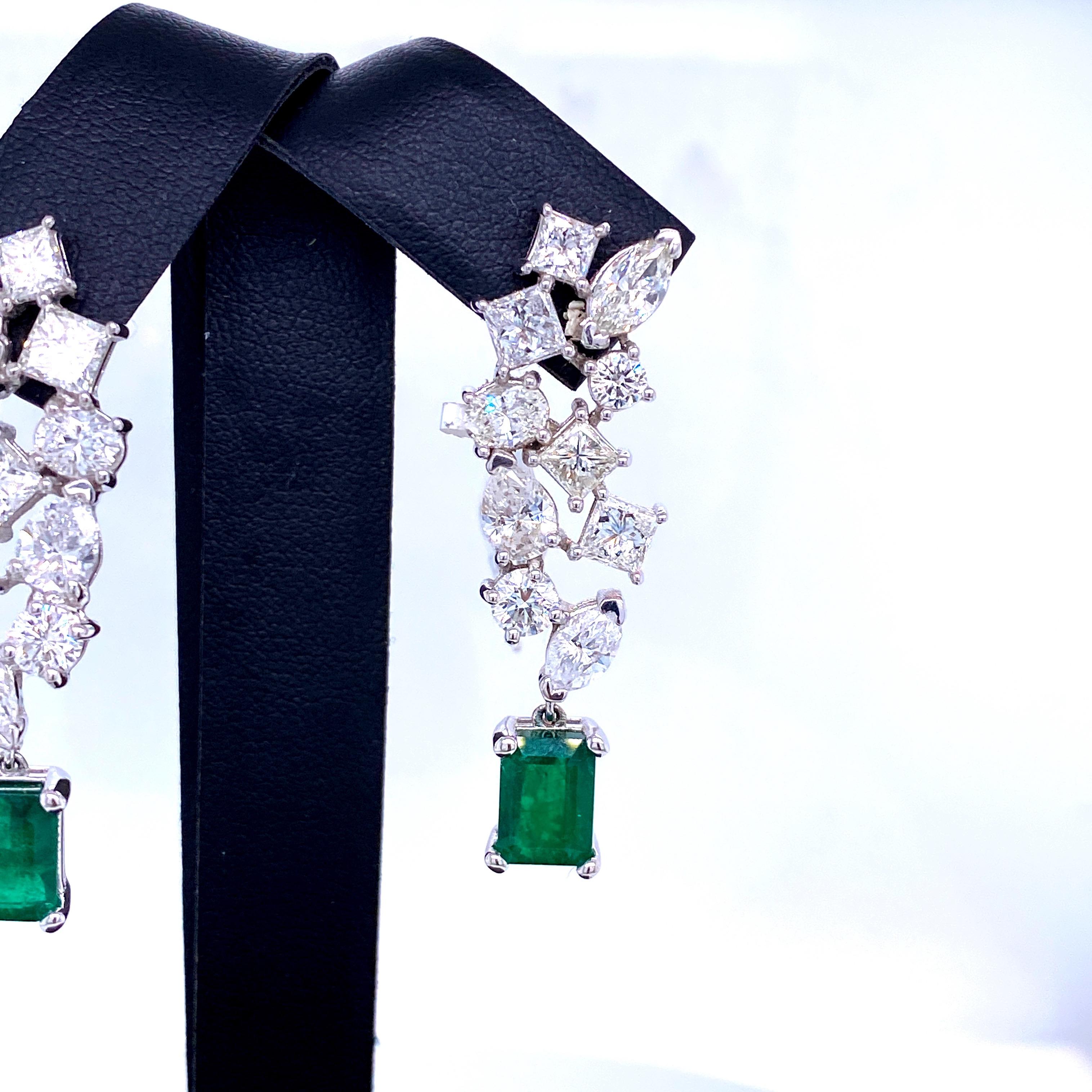 Green Emerald Cut Diamond Cluster Drop Earrings 9.74 Carat 18 Karat White Gold 1