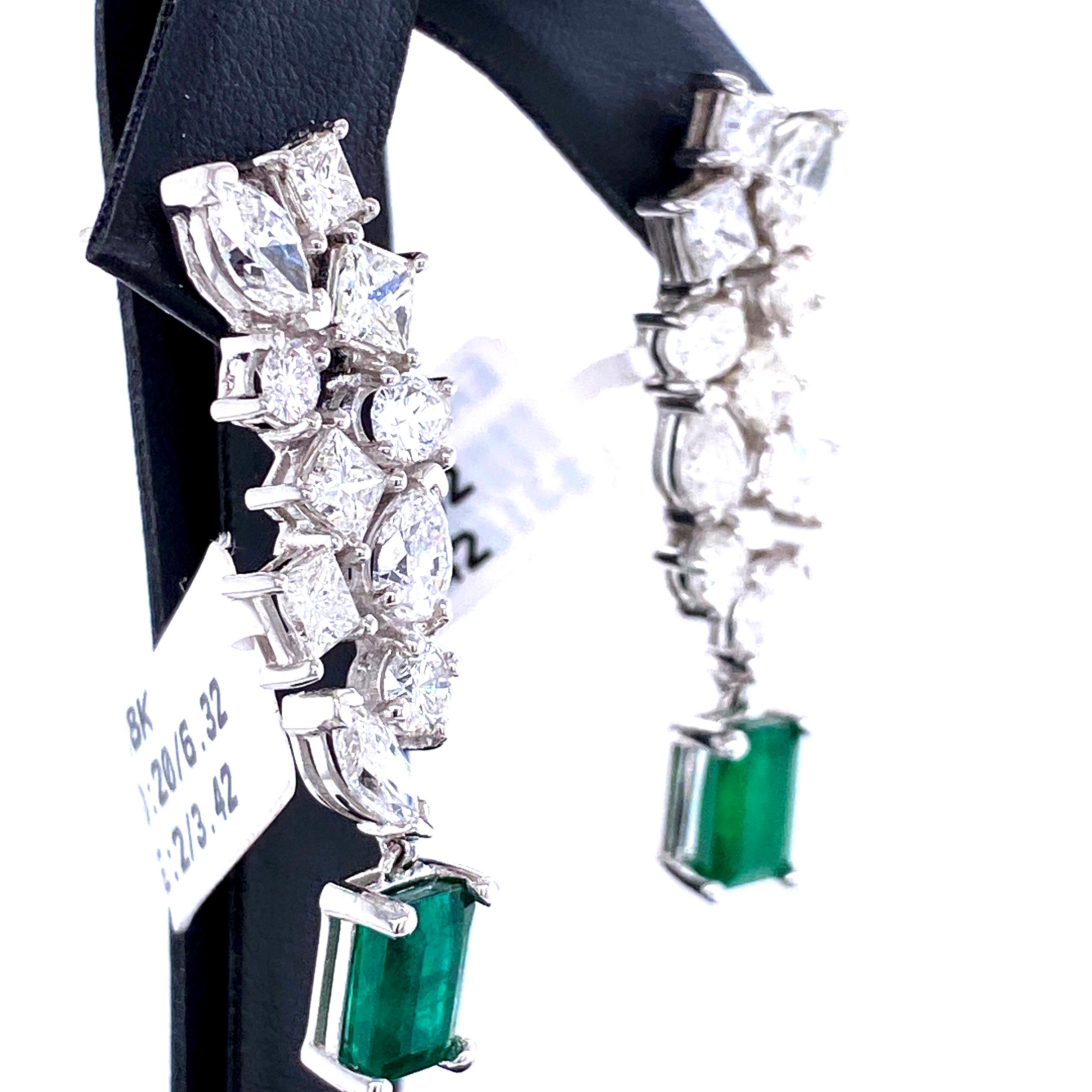 Green Emerald Cut Diamond Cluster Drop Earrings 9.74 Carat 18 Karat White Gold 2