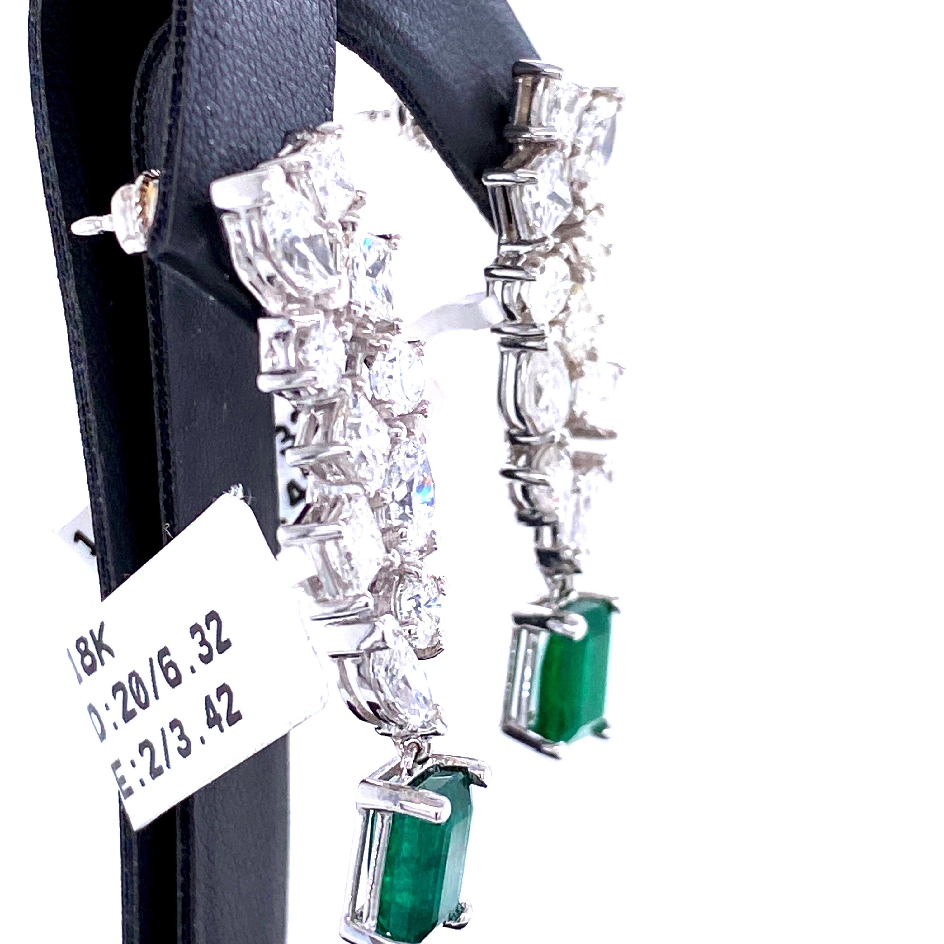 Green Emerald Cut Diamond Cluster Drop Earrings 9.74 Carat 18 Karat White Gold 3