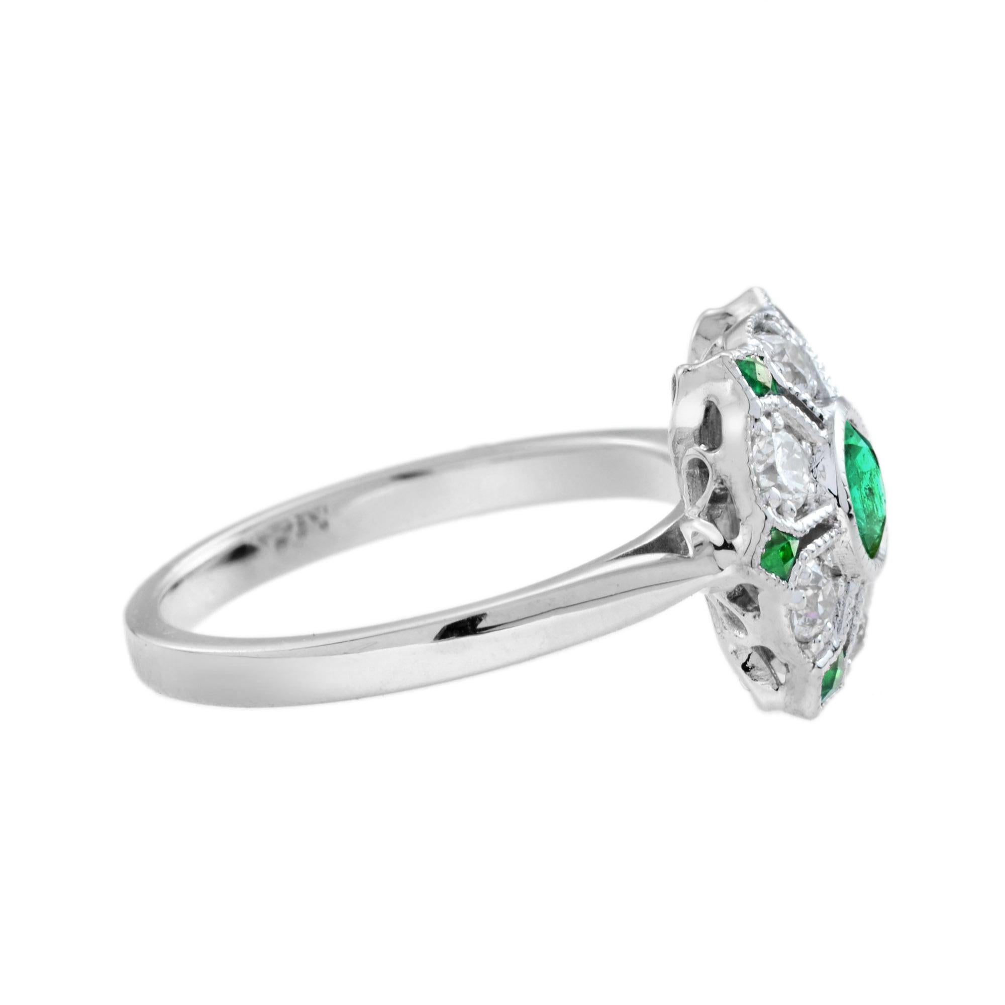 Art Deco Green Emerald & Diamond Antique Style Floral Flower 18K White Gold Ring For Sale