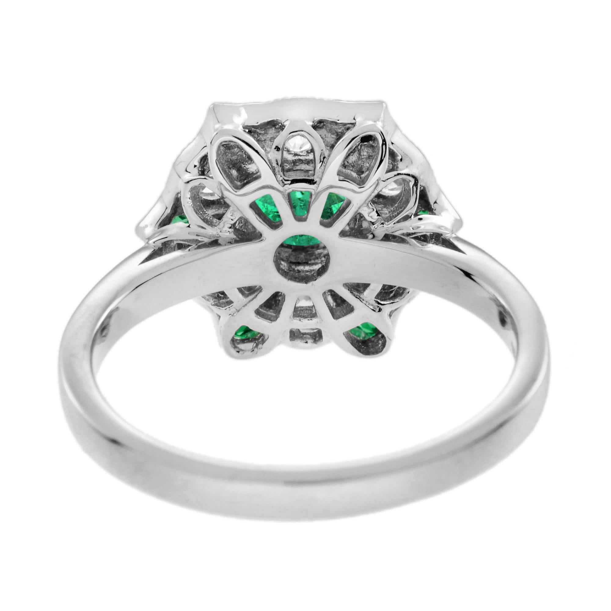 Round Cut Green Emerald & Diamond Antique Style Floral Flower 18K White Gold Ring For Sale