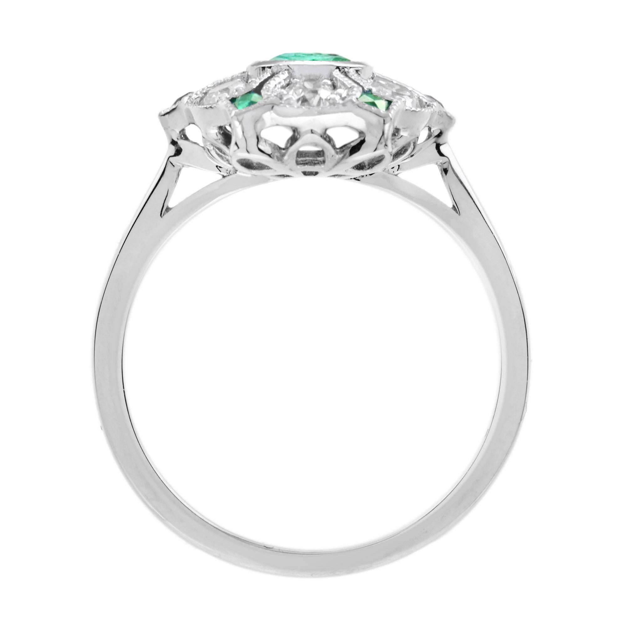 Green Emerald & Diamond Antique Style Floral Flower 18K White Gold Ring In New Condition For Sale In Oakton, VA