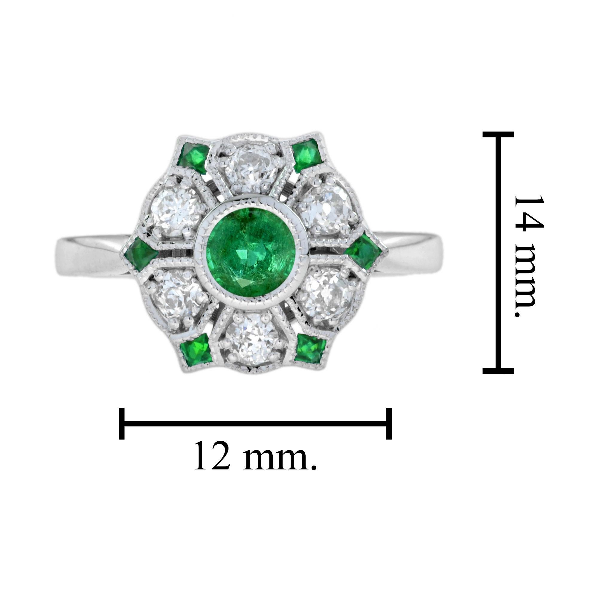 Women's Green Emerald & Diamond Antique Style Floral Flower 18K White Gold Ring For Sale