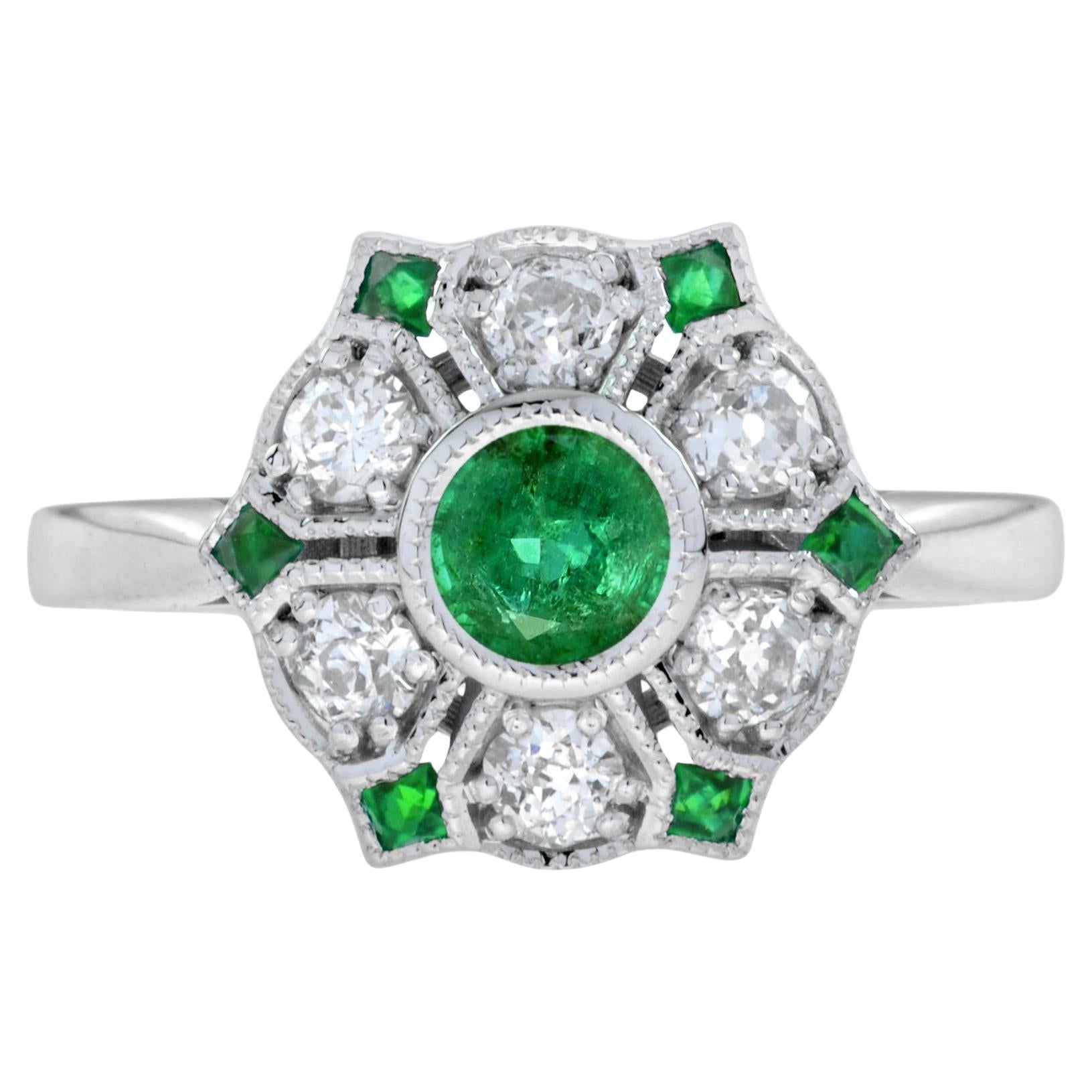 Green Emerald & Diamond Antique Style Floral Flower 18K White Gold Ring For Sale