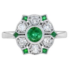 Green Emerald & Diamond Antique Style Floral Flower 18K White Gold Ring