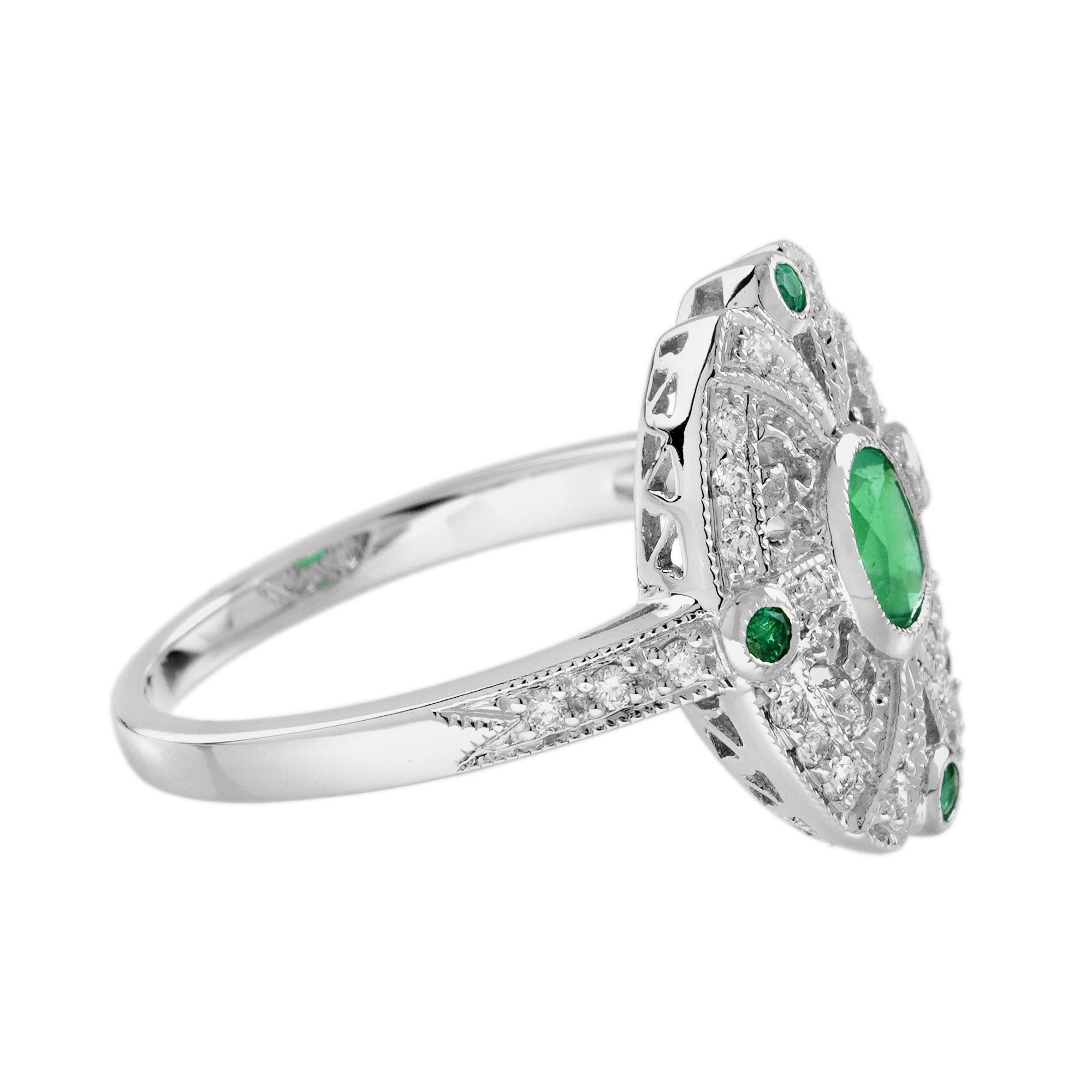 Grüner Smaragd & Diamant Antiker Stil Halo Schild Weißgold Ring (Art déco) im Angebot