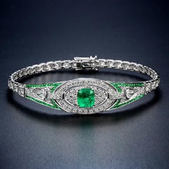 Bracciale unico in oro bianco 18 carati con smeraldo verde e diamanti in stile Art Deco