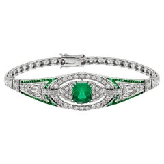 Esmeralda verde y diamante Estilo Art Déco Pulsera única de oro blanco de 18 quilates