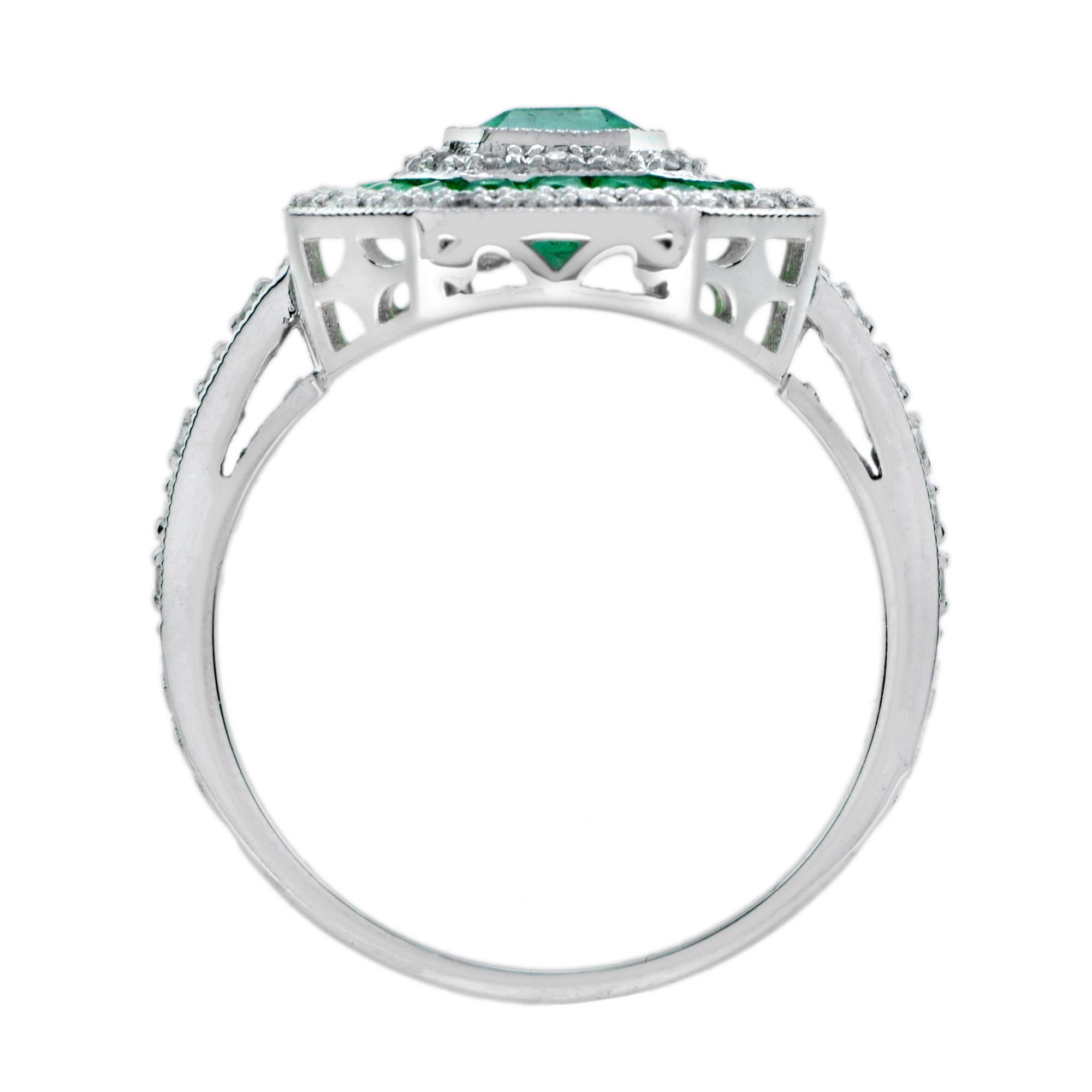 Bague de fiançailles en or avec double halo de style Art Deco, émeraude verte et diamant Neuf - En vente à Oakton, VA