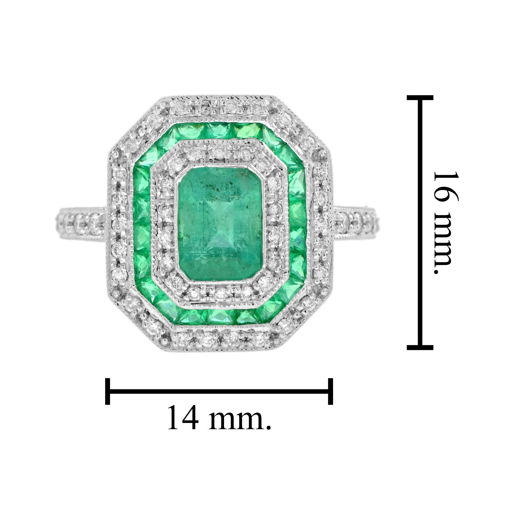 Bague de fiançailles en or avec double halo de style Art Deco, émeraude verte et diamant en vente 2